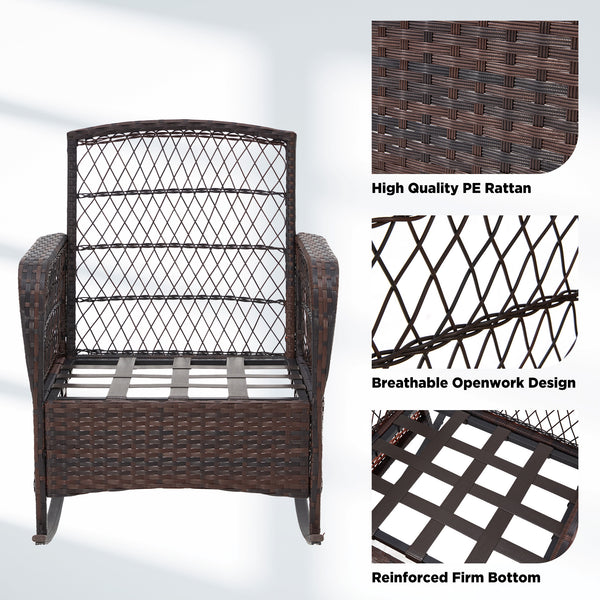 HOMREST 3-Piece Rattan Rocking Bistro Set with Glass Coffee Table for Porch & Garden