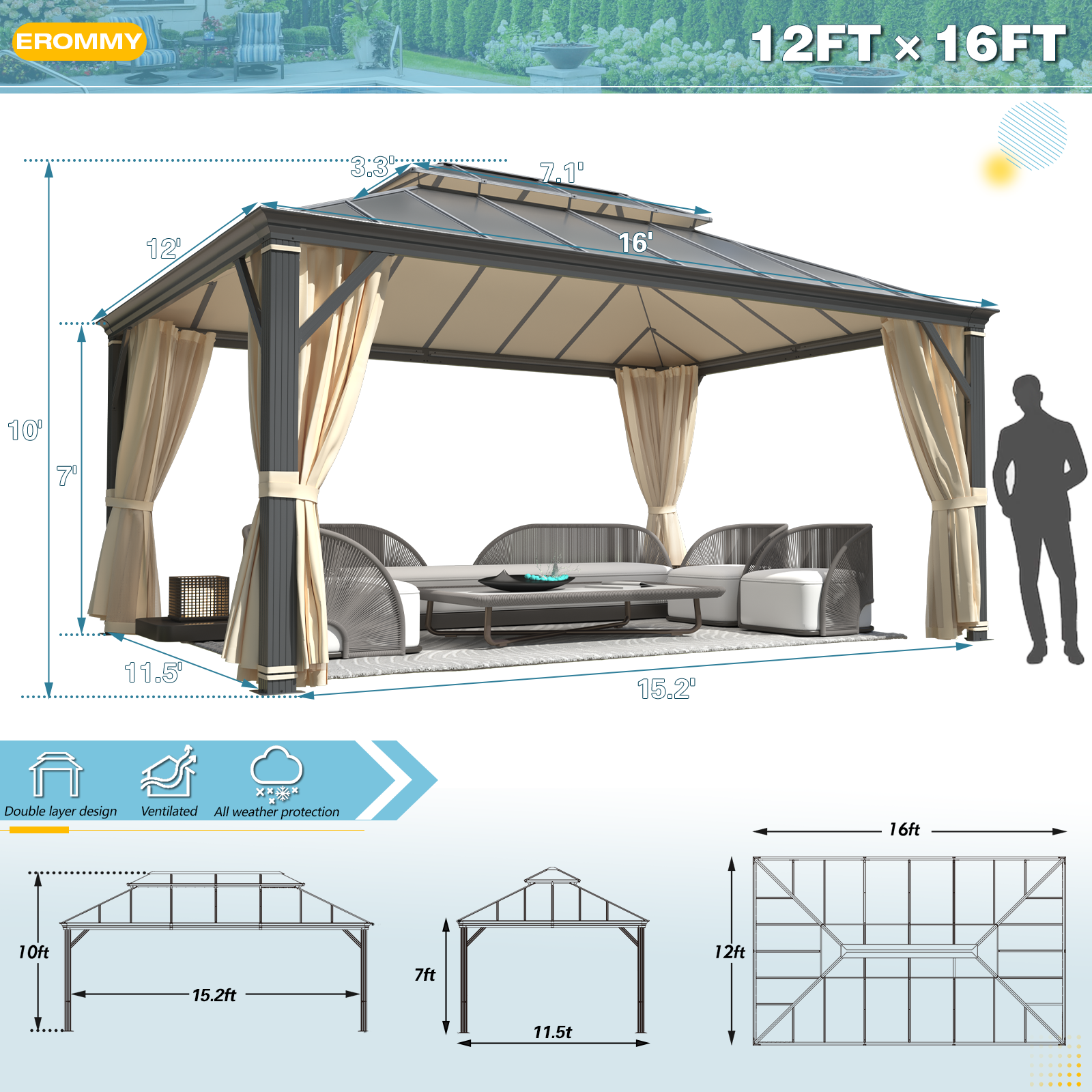 Homrest 12' x 16' Hardtop Gazebo, Permanent Outdoor Aluminum Patio Gazebo, Double Roof, Patio and Garden, Curtains and Netting