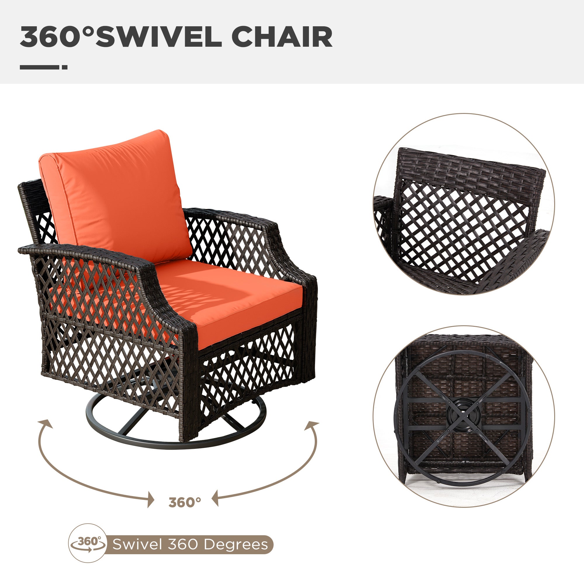 HOMREST 3 Piece Outdoor Swivel Chair Set, Patio Furniture Conversation Set for Deck, Yard, Garden, Poolside(Orange)