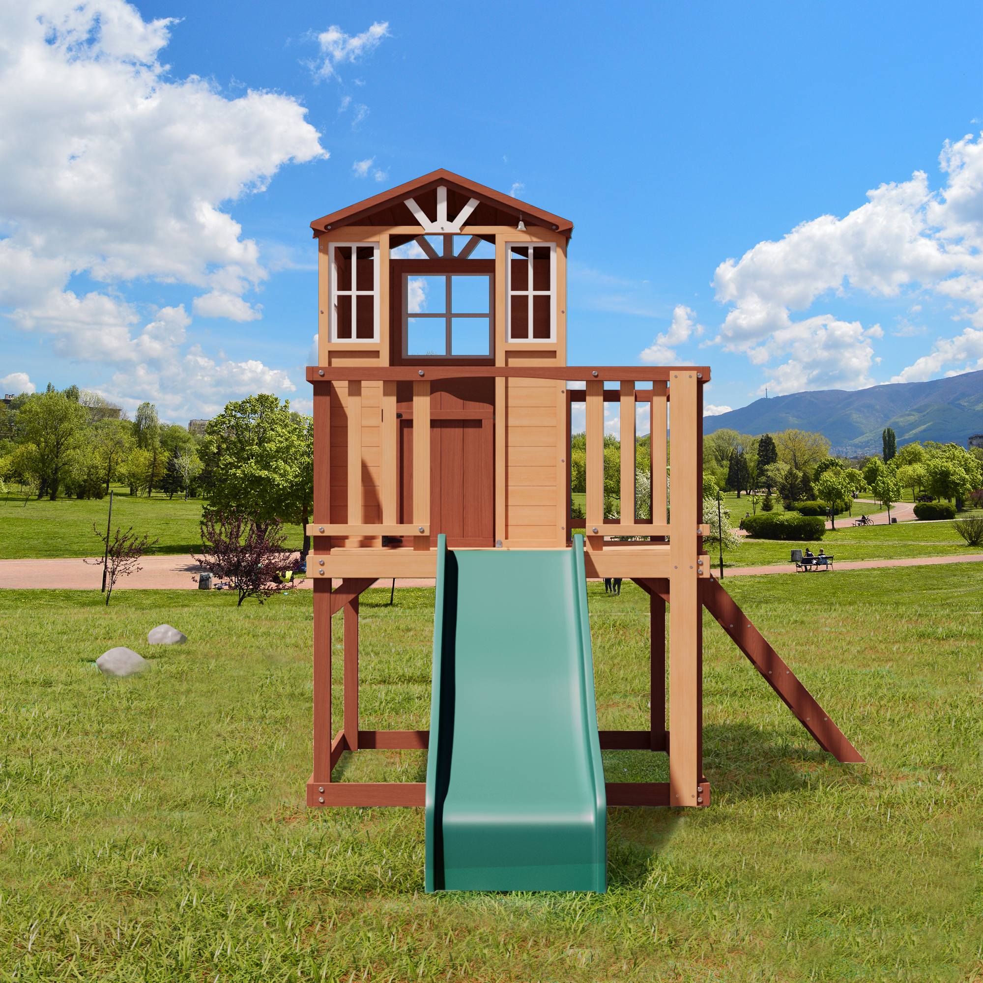 Homrest  Outdoor Wooden Playhouse for Kids - Fir Tree House with Slide, Climbing Ladder & Play Kitchen | Ages 4-8, Wood