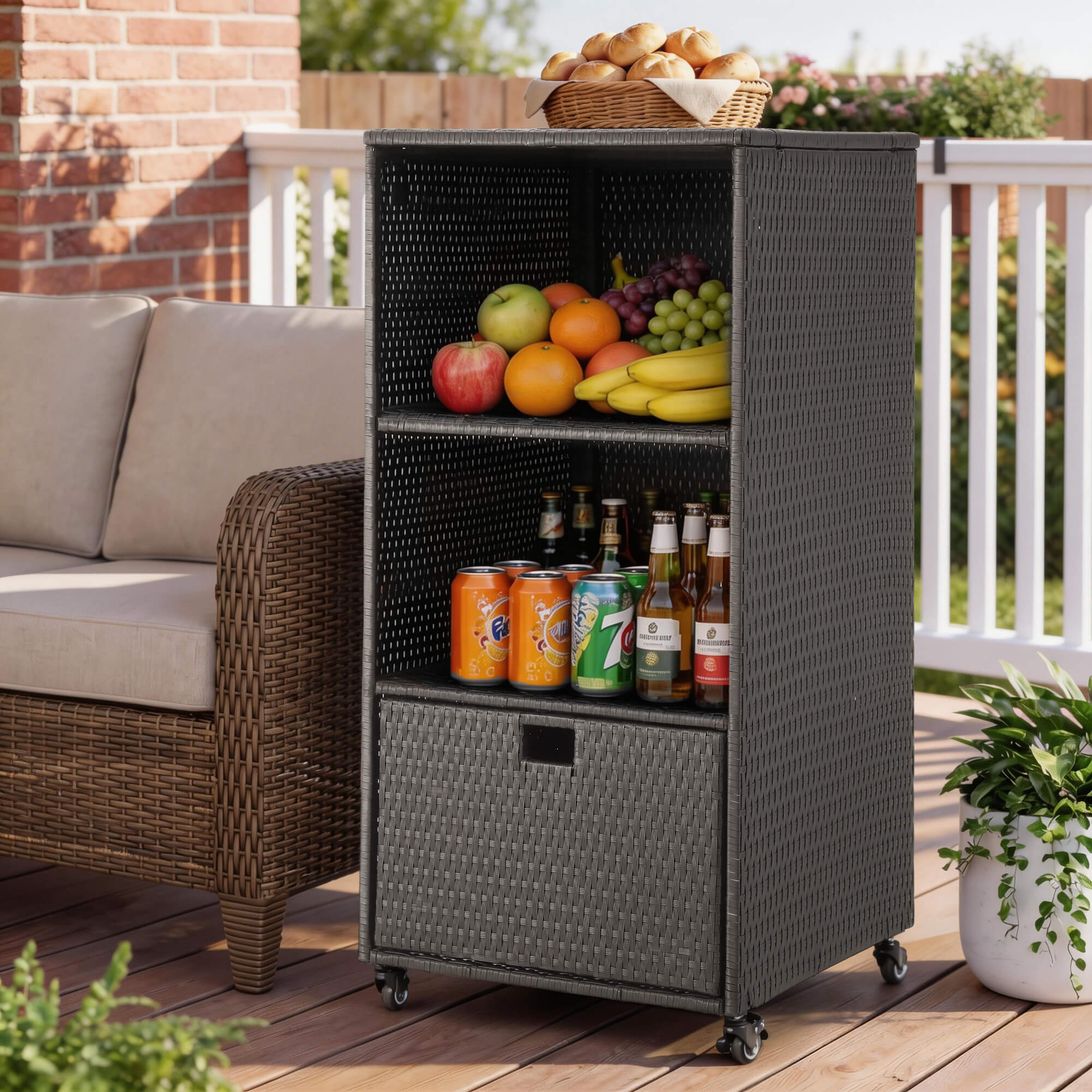 HOMREST Outdoor Pool Towel Rack with Storage Cabinet, Waterproof PE Rattan Wicker Poolside Towel Organizer with Shelves & Drawer, Rolling Wheels Towel Valet Caddy, Black