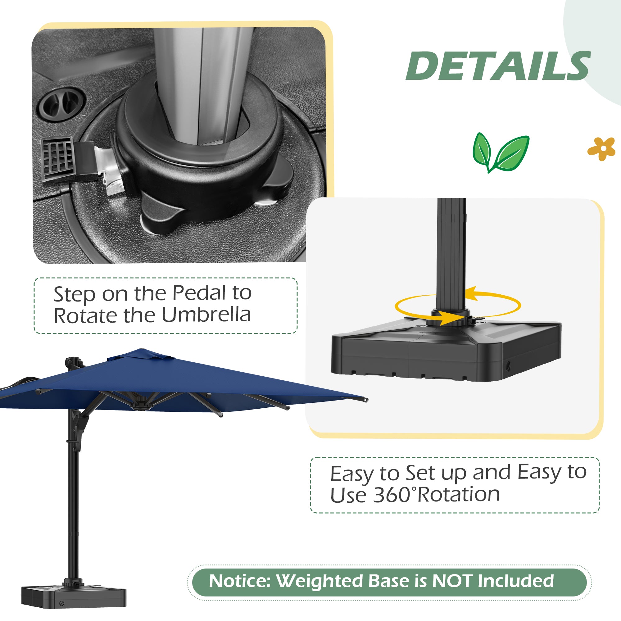 HOMREST 10x13ft Large Rectangular Cantilever Umbrella with 360° Rotation & 6 Adjustable Heights, Outdoor Patio Umbrella for Garden, Pool, Deck, Navy (Base Excluded)