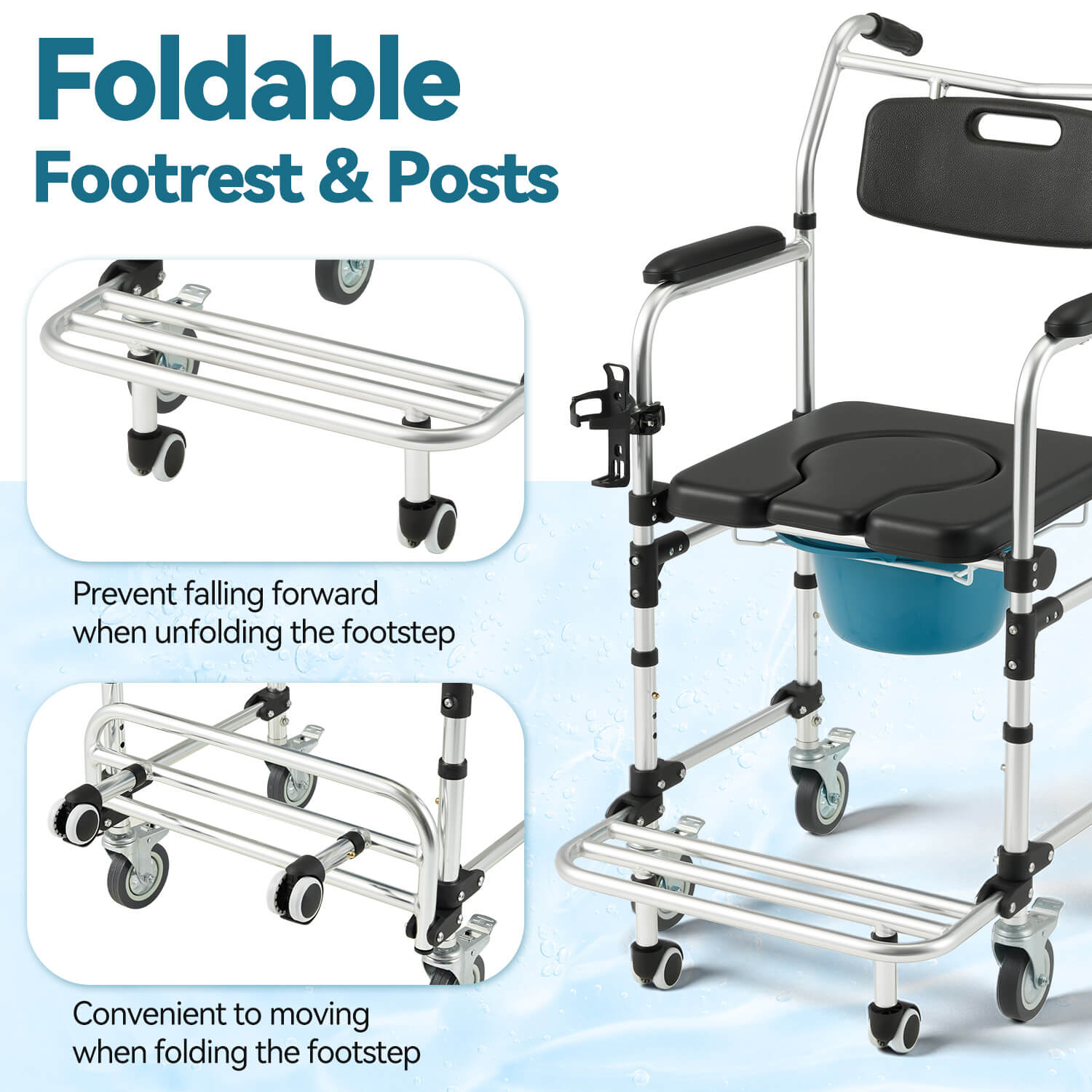 HOMREST 4-in-1 Bedside Commode Shower Wheelchair for Elderly and Disabled, Commode Chair with 4 Lockable Wheels, Detachable Bucket, Padded Seat and Armrests, Flip-Up Footrest, Black