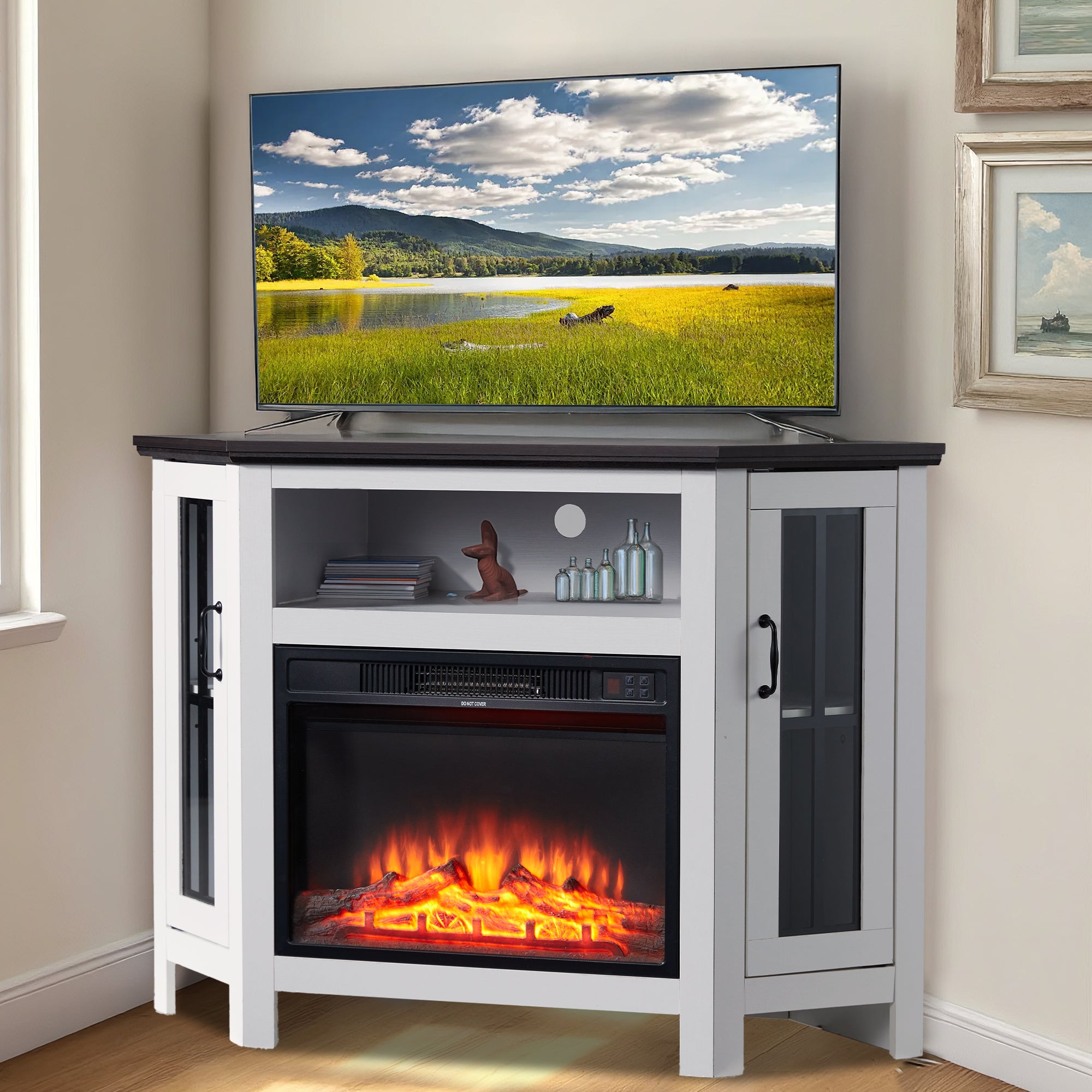 HOMREST 48" Deep Walnut Corner Fireplace Cabinet with 23" Electric Fireplace