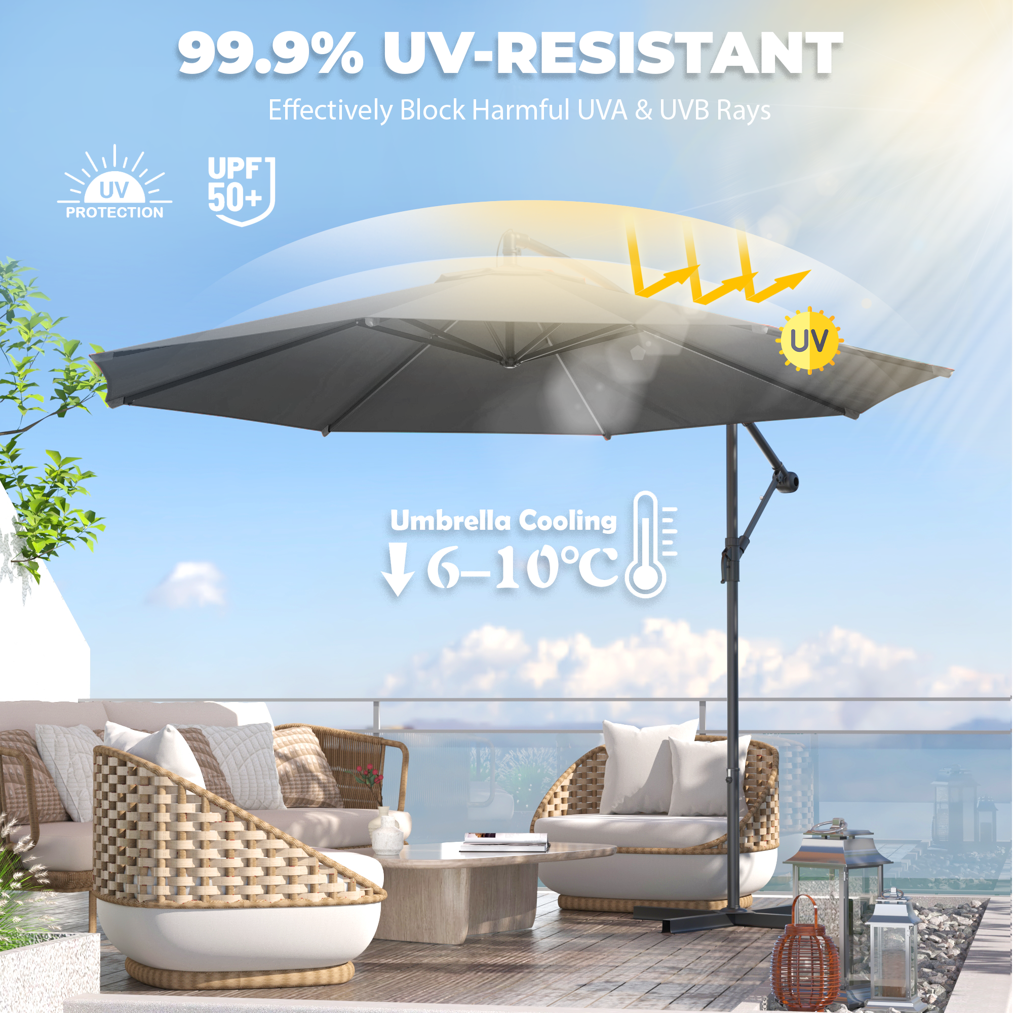 Homrest 10ft Offset Patio Umbrella - Outdoor Hanging Umbrella with Easy Tilt, 99.9% UV Protection, and Sturdy Iron Frame for Garden, Pool, Backyard, Gray