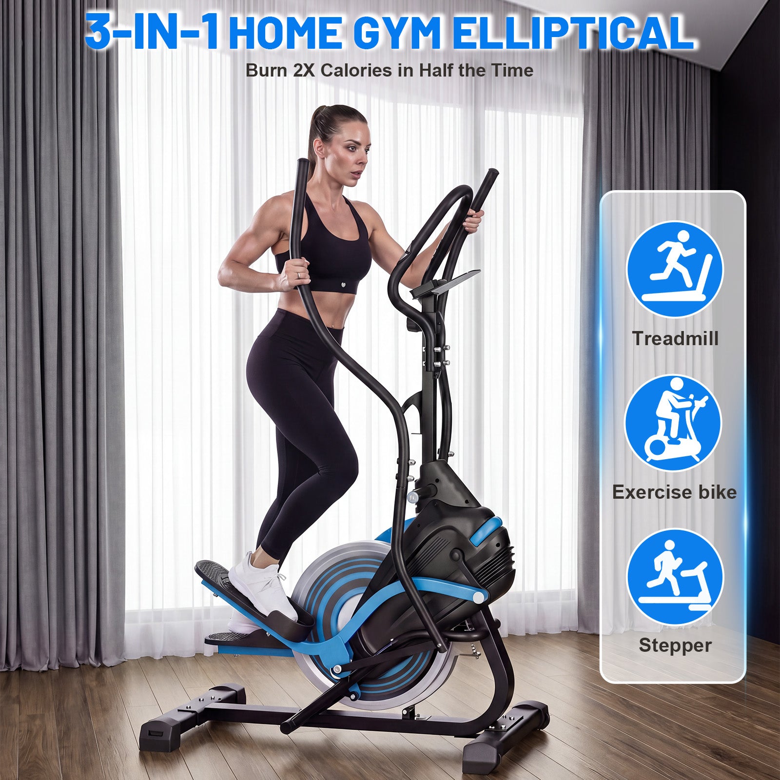 HOMREST 3-in-1 Elliptical Exercise Machine for Home, Cardio Climber & Stair Stepper with 18LB Flywheel, 16-Level Magnetic Resistance, 15.5” Stride, 300LB Capacity, Quiet Compact Trainer