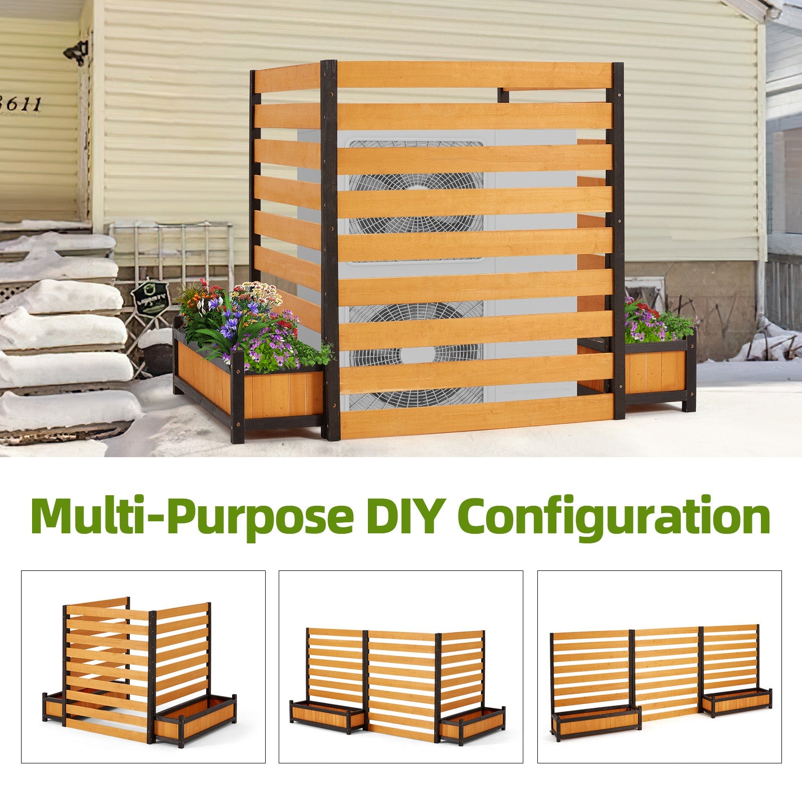 HOMREST No-Dig Privacy Fence with Planter Box - 3 Panels, 33" W x 39" H Durable Outdoor Patio Wood Screen for AC Unit, Trash Hide & Floral Garden Bed, Yellow