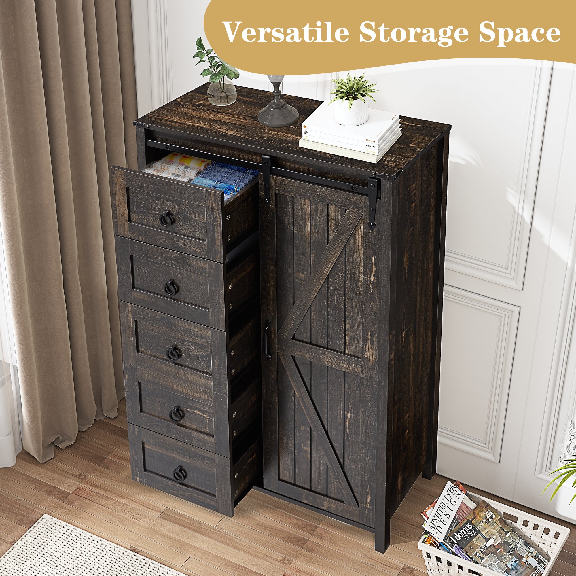 HOMREST Farmhouse 48" Tall Chest of Drawers, Wooden Closet Dresser with Sliding Barn Door, Storage Organizer Dresser for Living Room, Hallway, Antique