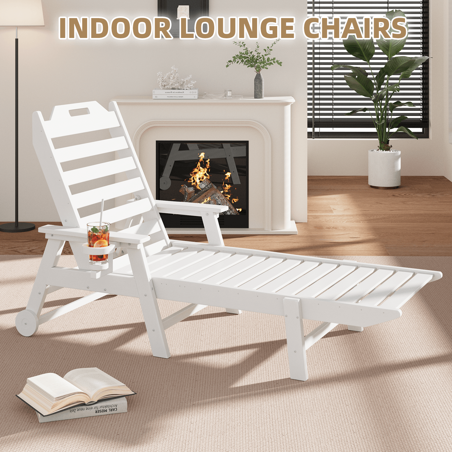HOMREST 22" W Oversized Chaise Lounge Chairs, Adjustable HDPE Outdoor Chairs with Wheels & Cup Holder, White
