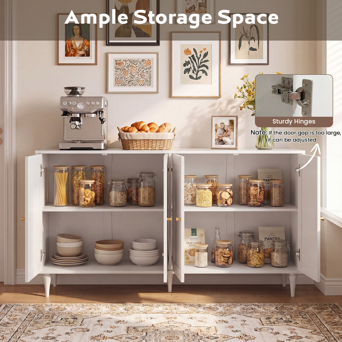 HOMREST Storage Cabinet with 4 Doors and Adjustable Shelves, Sideboard, White