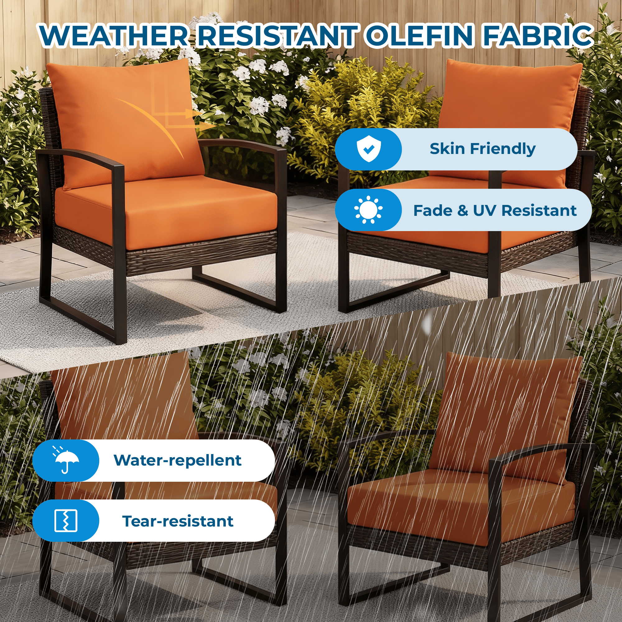 HOMREST Patio Furniture Cushions with Handle and Ties, Waterproof, Fade-resistant Outdoor Couch Cushion, Chair Pads for Dining Chairs, Orange