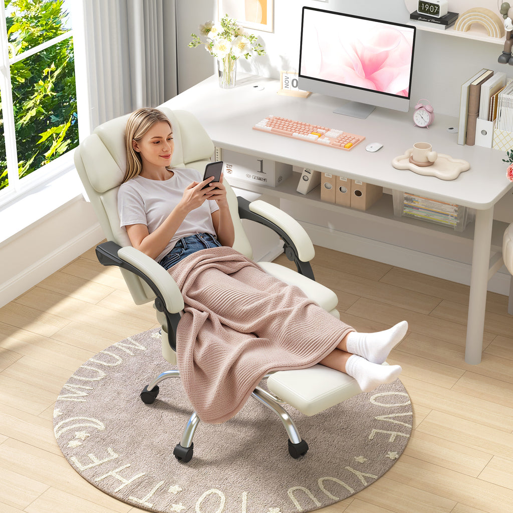 HOMREST 6-Point Massage Office Chair with Heat, Ergonomic Reclining Desk Chair with Footrest, PU Leather Executive Chair for Home Office,Comfortable Computer Chair Gift for Women, Off White