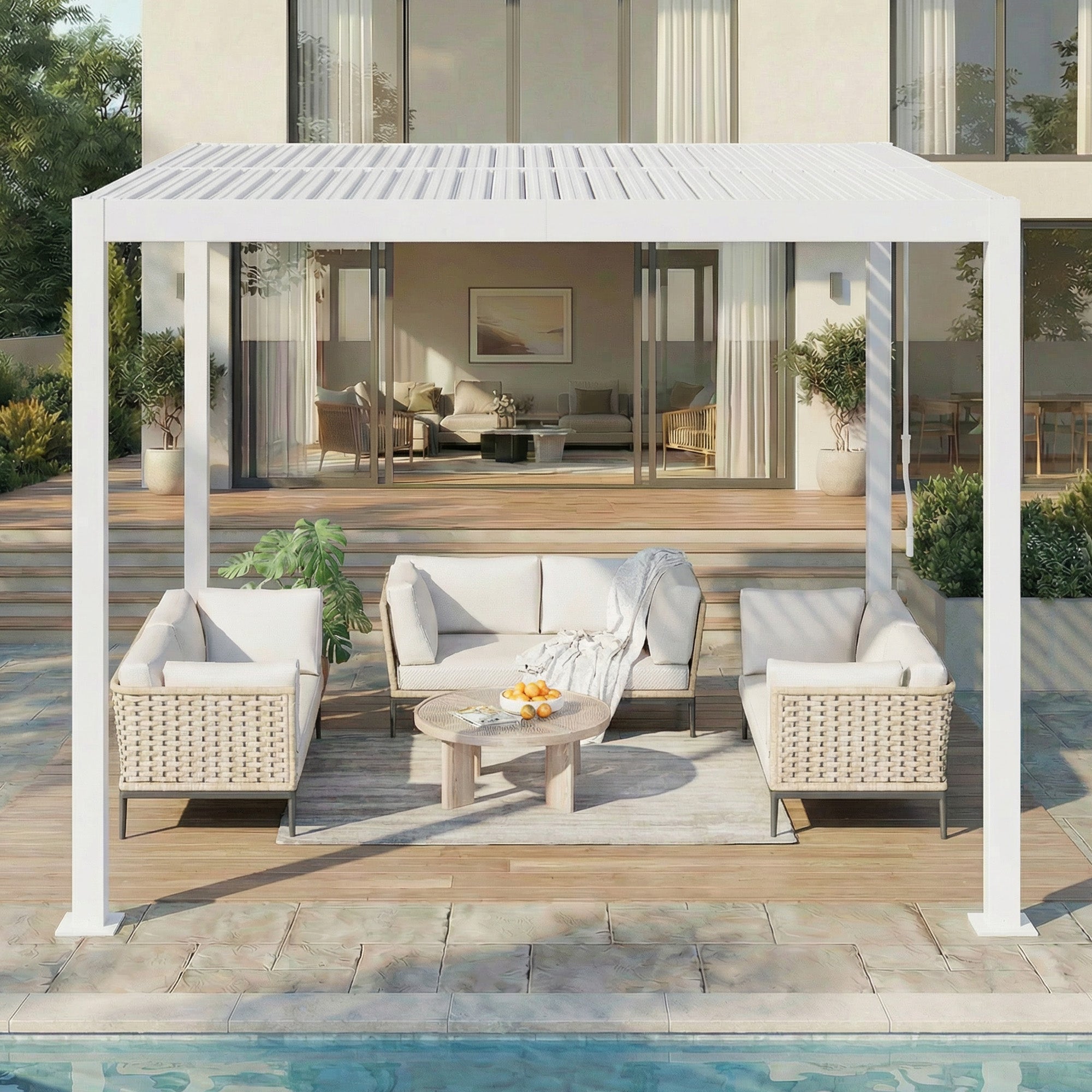 HOMREST 10' x 10' Outdoor Pergola with Adjustable Louvered Roof & Integrated Drainage, Heavy-Duty Metal Louvered Pergola for Patios, White