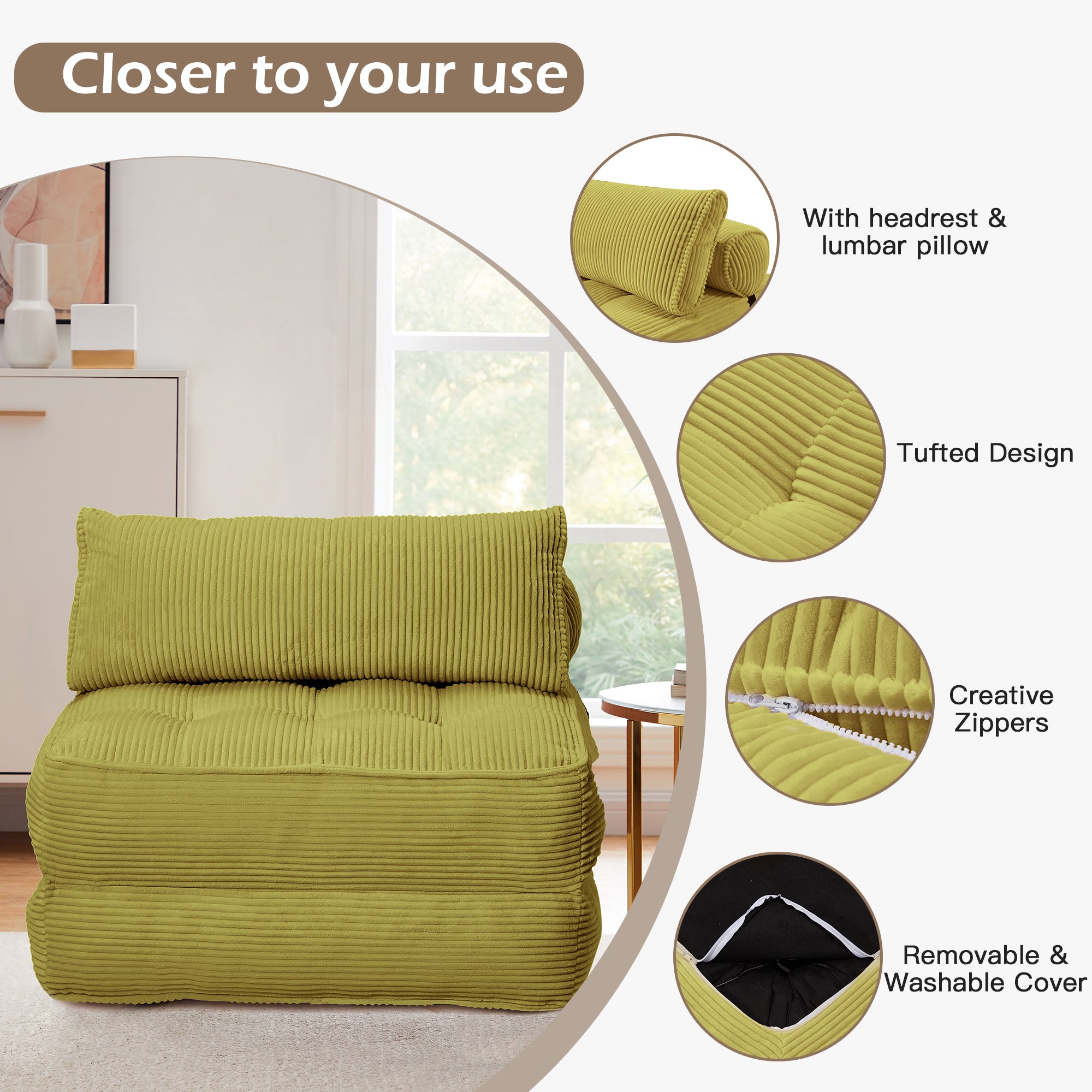 HOMREST Folding Out Chair Bed, Convertible Sofa Bed with 2 Pillows, Avocado Green