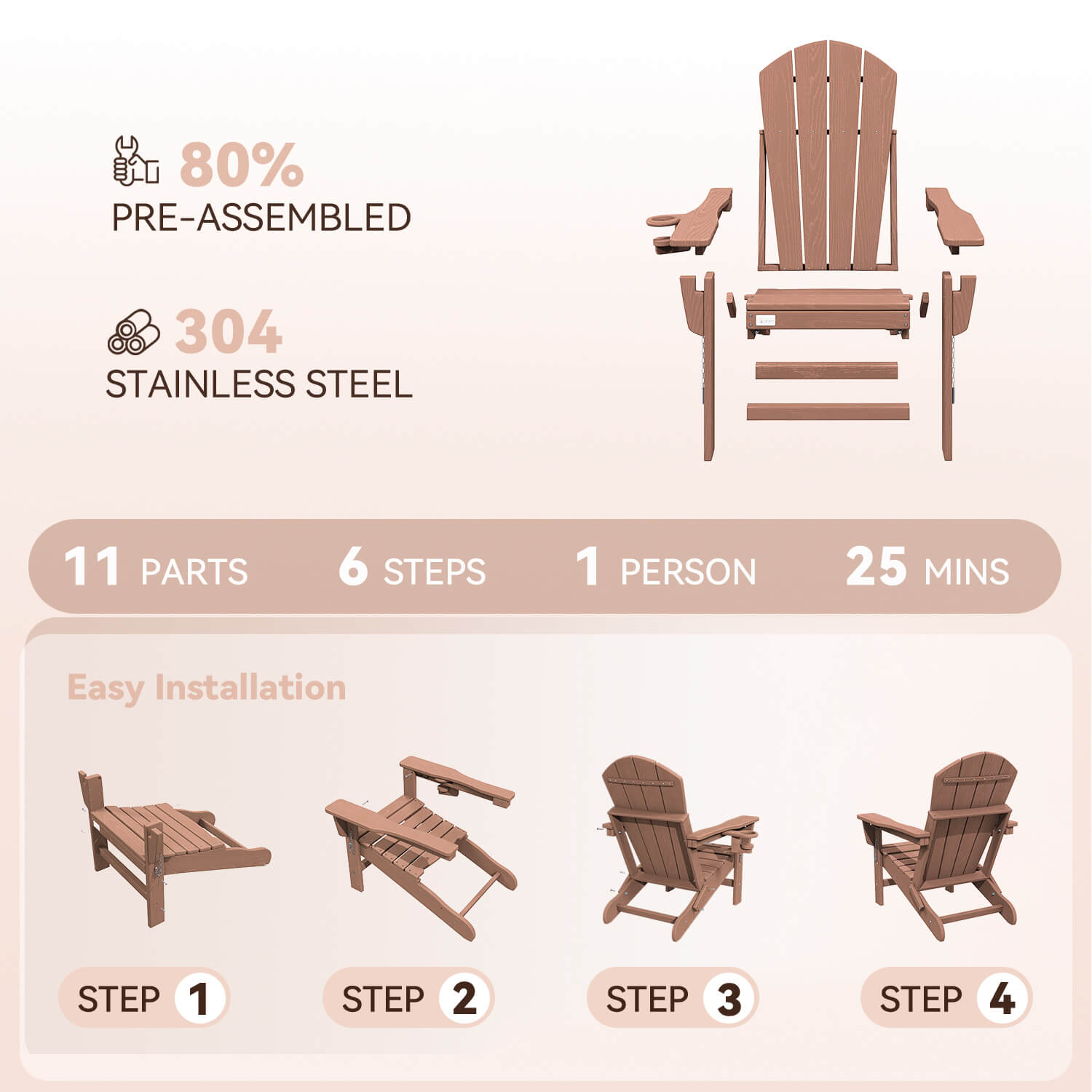 HOMREST 3-Position Adjustable Adirondack Chairs Set of 4, 400LBS HDPE Folding Outdoor Chairs with Cup Holder, Teak