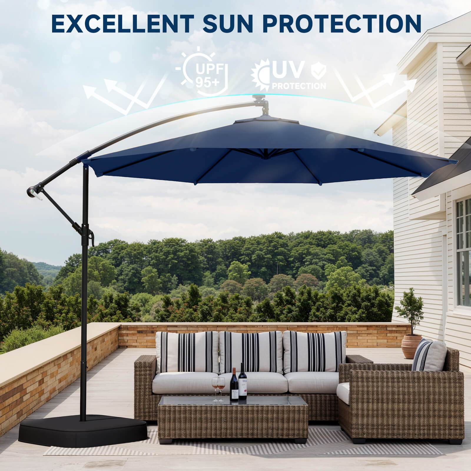 Homrest 10ft Patio Umbrella with Base, Outdoor Offset Cantilever Umbrella, Infinite Tilt, Navy Blue
