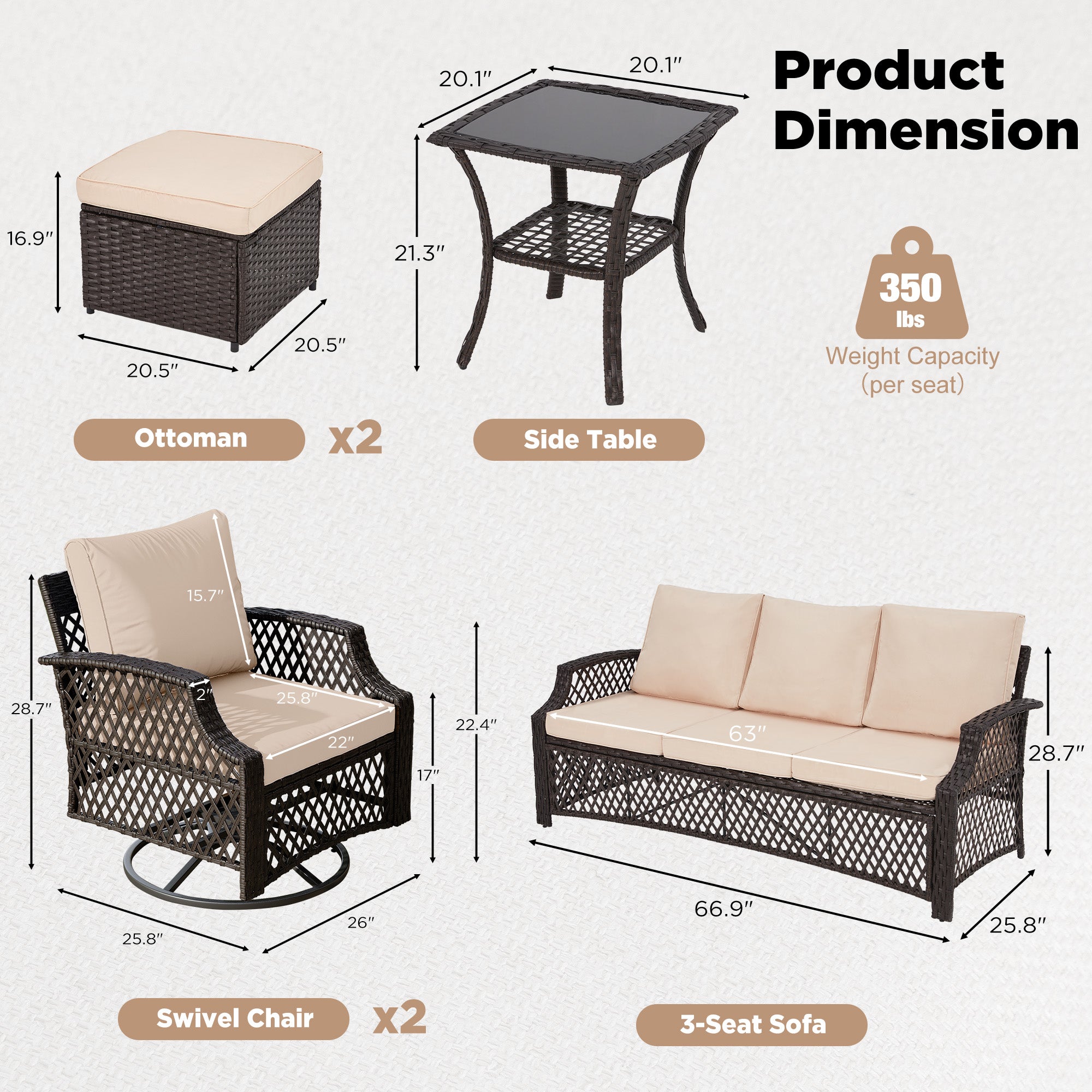 HOMREST 5 Piece Patio Furniture Set, Outdoor Wicker Swivel Chair Set with Ottomans and Side Table (Khaki)