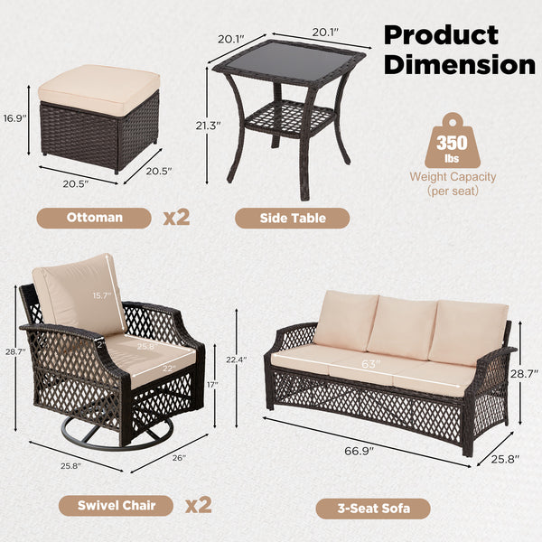 HOMREST 5 Piece Patio Furniture Set, Outdoor Wicker Swivel Chair Set with Ottomans and Side Table (Khaki)