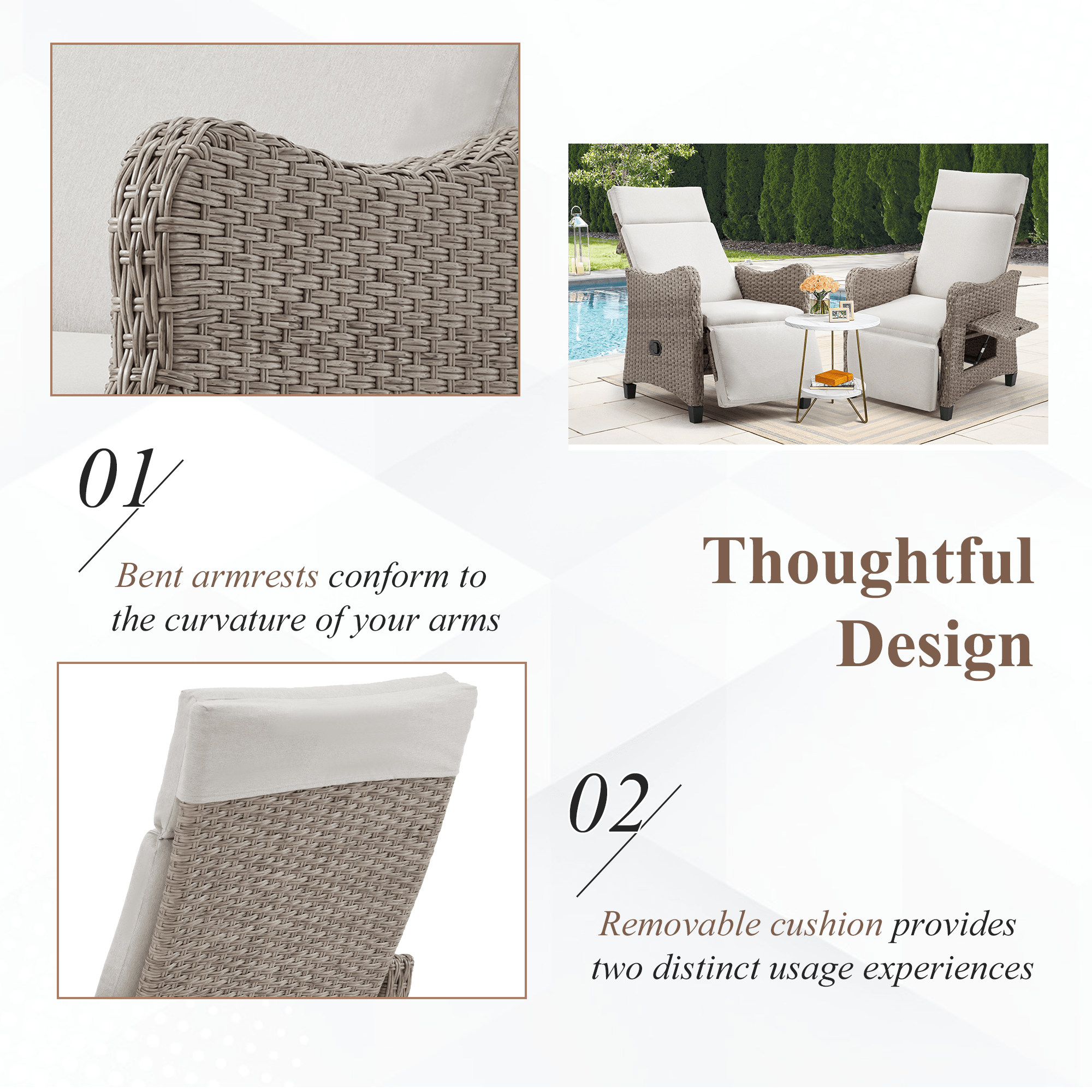 Homrest Outdoor Recliner Chair with Flip-up Table & Removable Cushion for Patio Deck Backyard, Beige