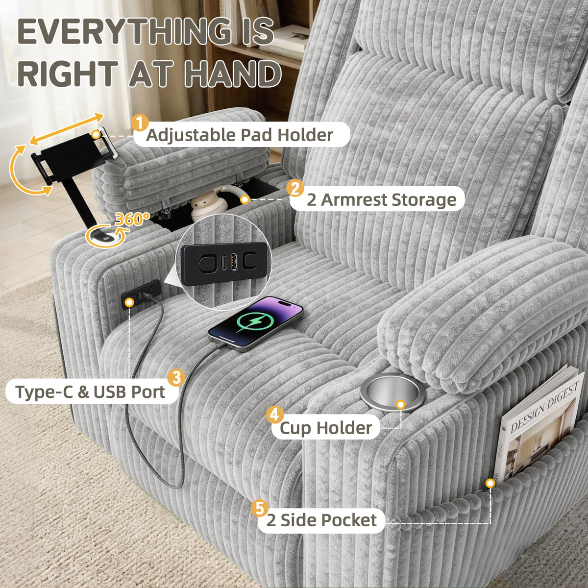 HOMREST Power Oversized Swivel Rocker Recliner with Massage and Heat, Nursery Rocking Chairs for Living Room, Grey