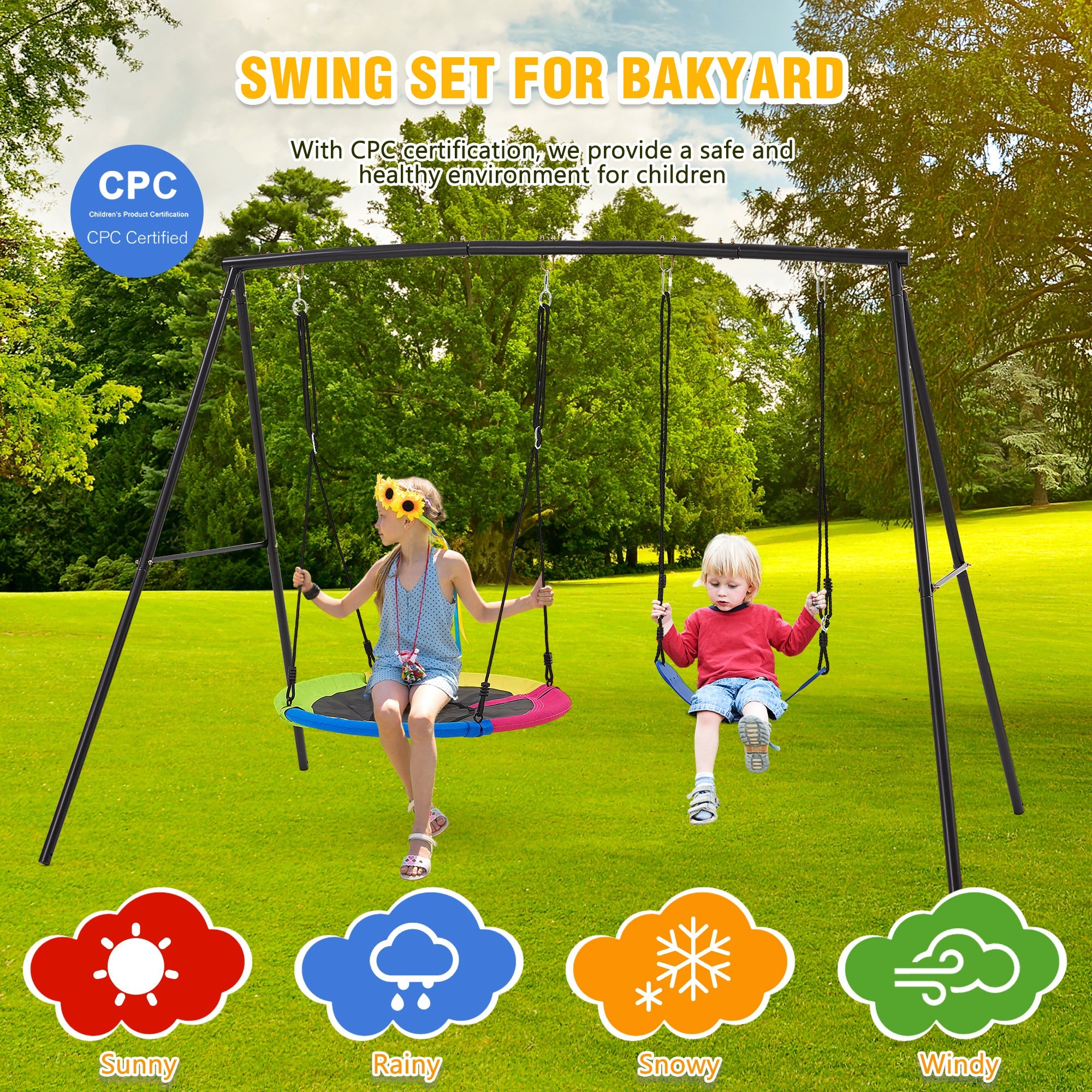 Homrest Heavy-Duty A-Frame Metal Swing Set, 440lbs Capacity, Includes Saucer & Belt Swings, Outdoor Playground for Kids