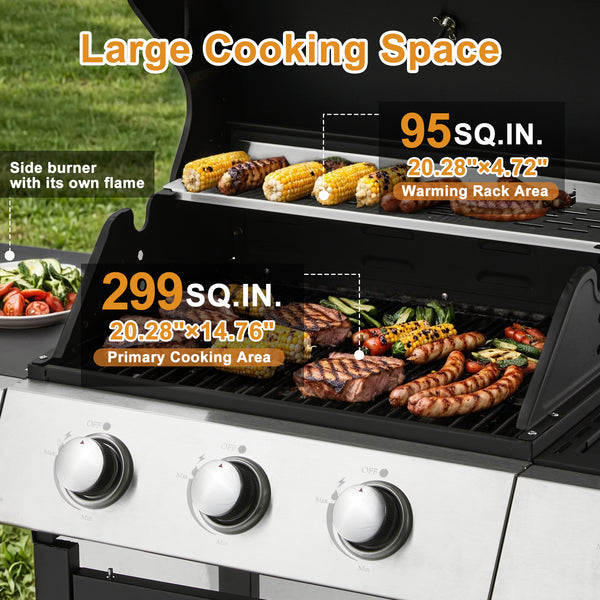 HOMREST Upgraded 36,000 BTU Stainless Steel Burner Barbecue Grill, 3 Burner BBQ Propane Gas Grill with Cast Iron Grates & Side Stove for Patio, Camping, Outdoor Cooking