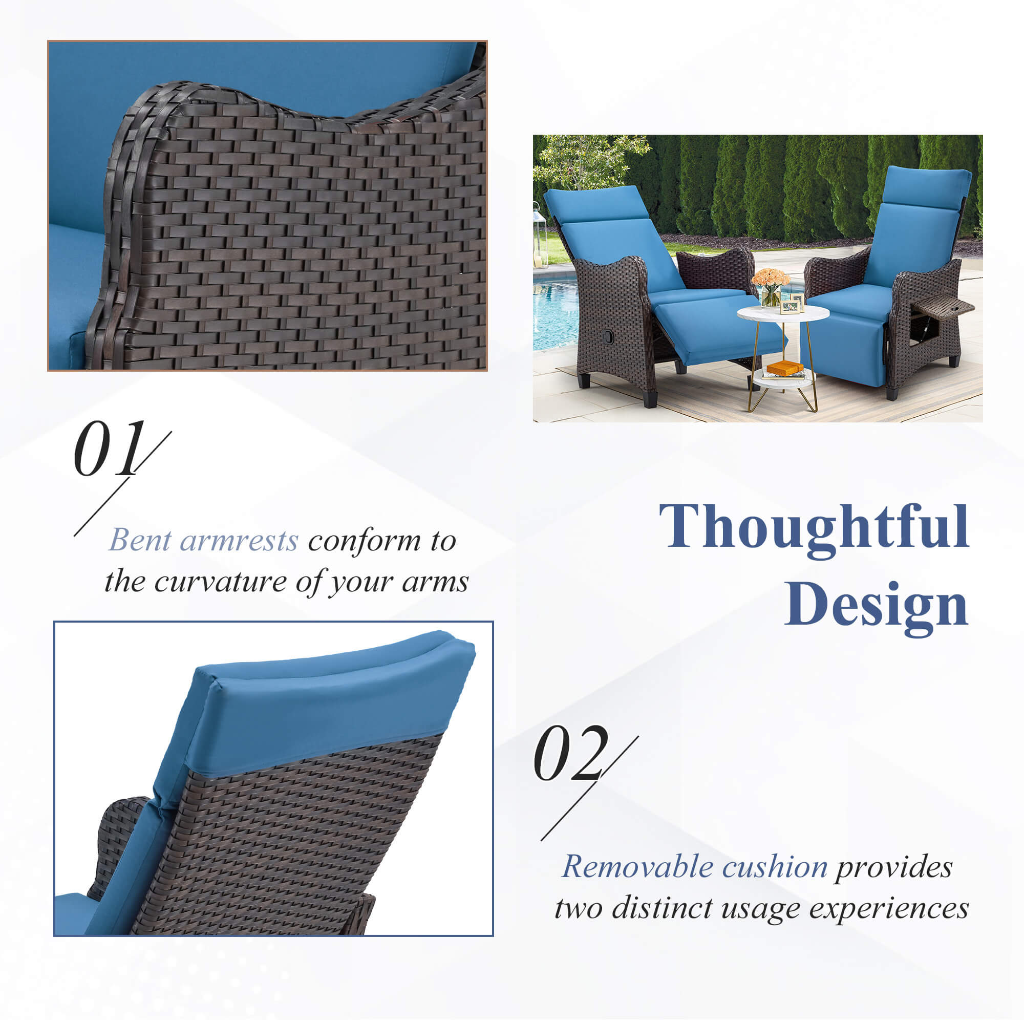 Homrest Outdoor Recliner Chair with Flip-up Table & Removable Cushion for Patio Deck Backyard, Blue