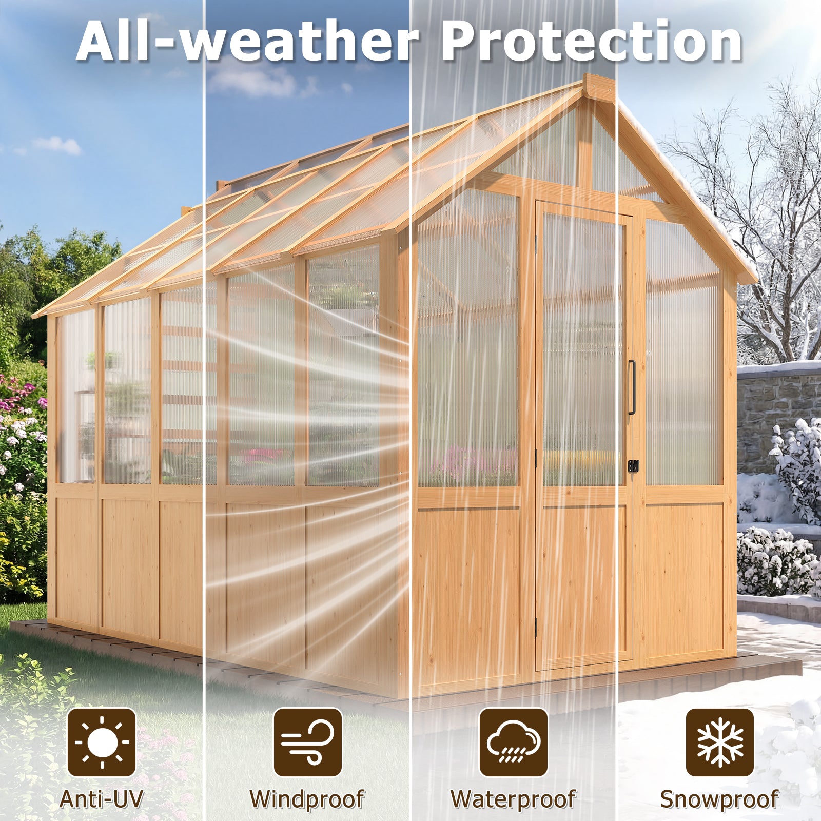 HOMREST 6x10 FT Wooden Greenhouse for Outdoors, Walk-in Greenhouse Kit with 4mm Polycarbonate Panels, Adjustable Roof Vent, Lockable Door, Backyard Greenhouse for Plants and Vegetables