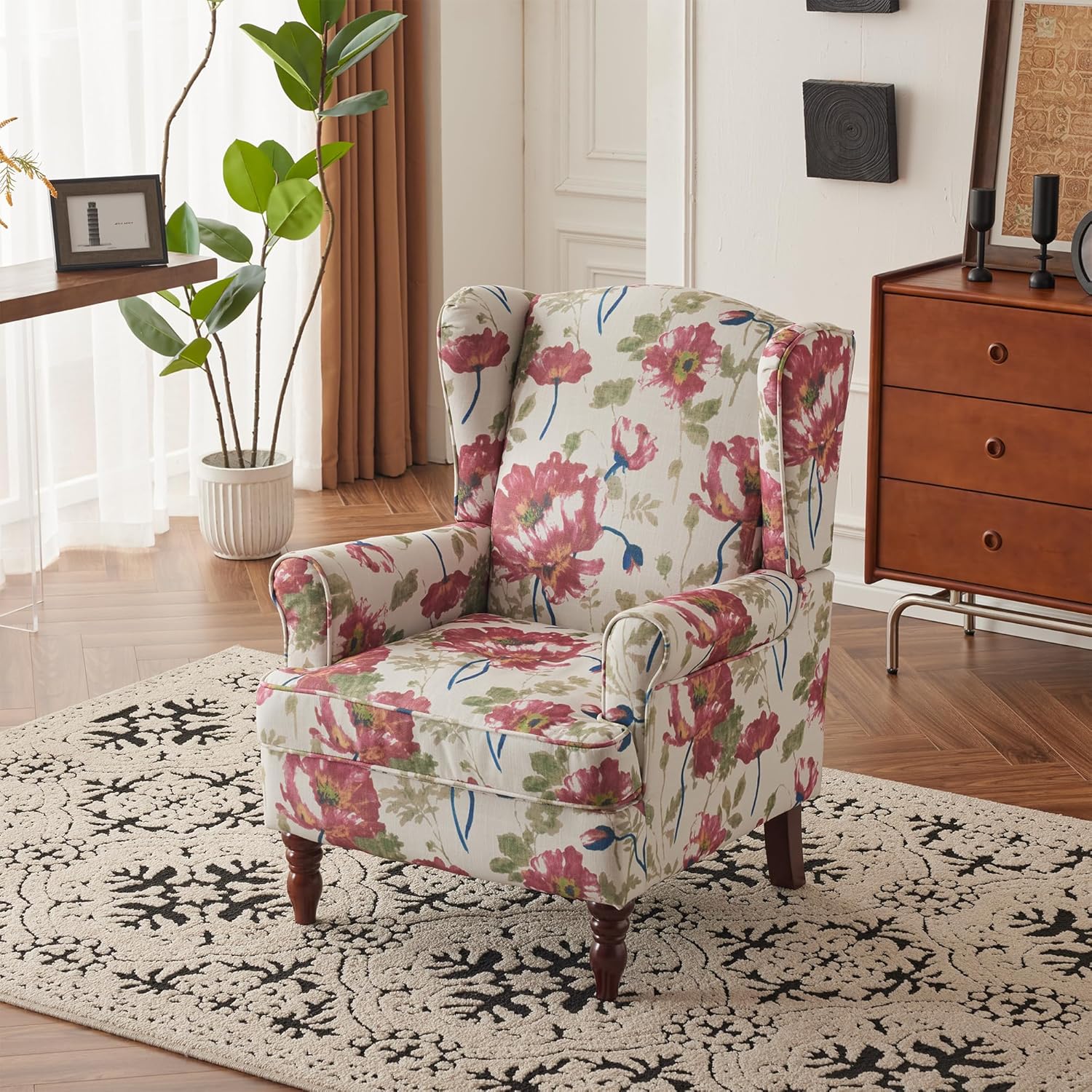 HOMREST Fabric Accent Chair for Living Room Bedroom Reading, Pink Floral