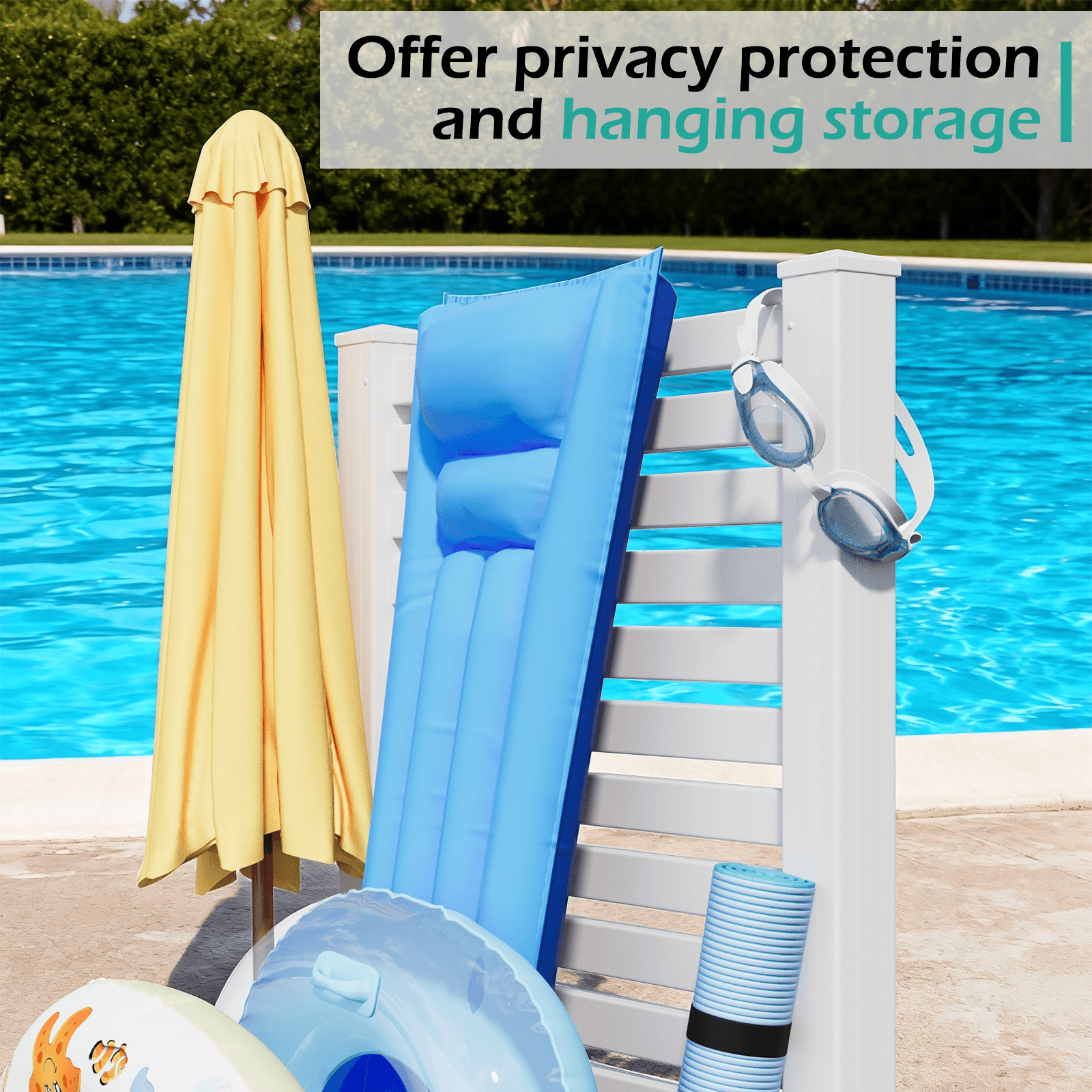 HOMREST 71" H Privacy Screen Pool Storage Organizer, Freestanding Pool Float Holder Replaces Deck Box, White