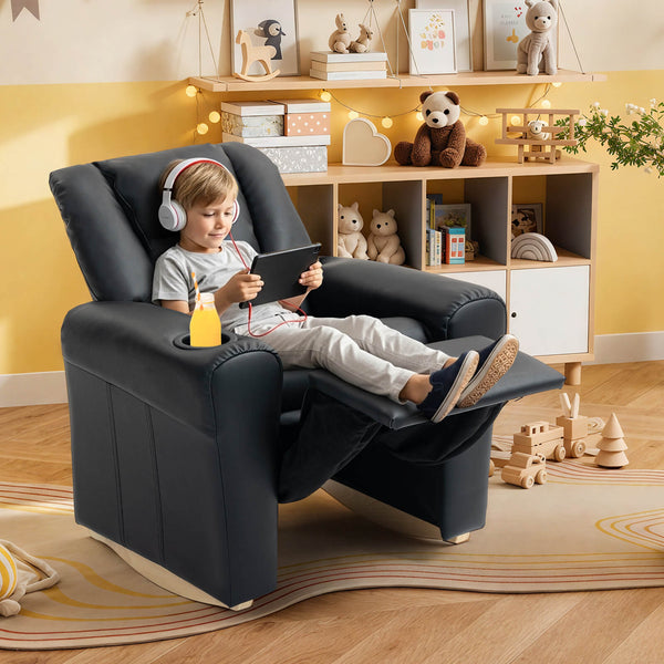 HOMREST Kids Recliner Chair with Cup Holder, Leather Toddler Recliner with Adjustable Backrest, Curved Rocking Legs and Comfy Armrests, Black