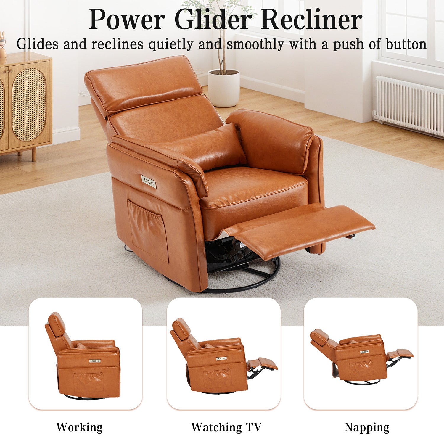 HOMREST Power Swivel Rocking Recliner Chair with Adjustable Headrest and Armrests, Brown