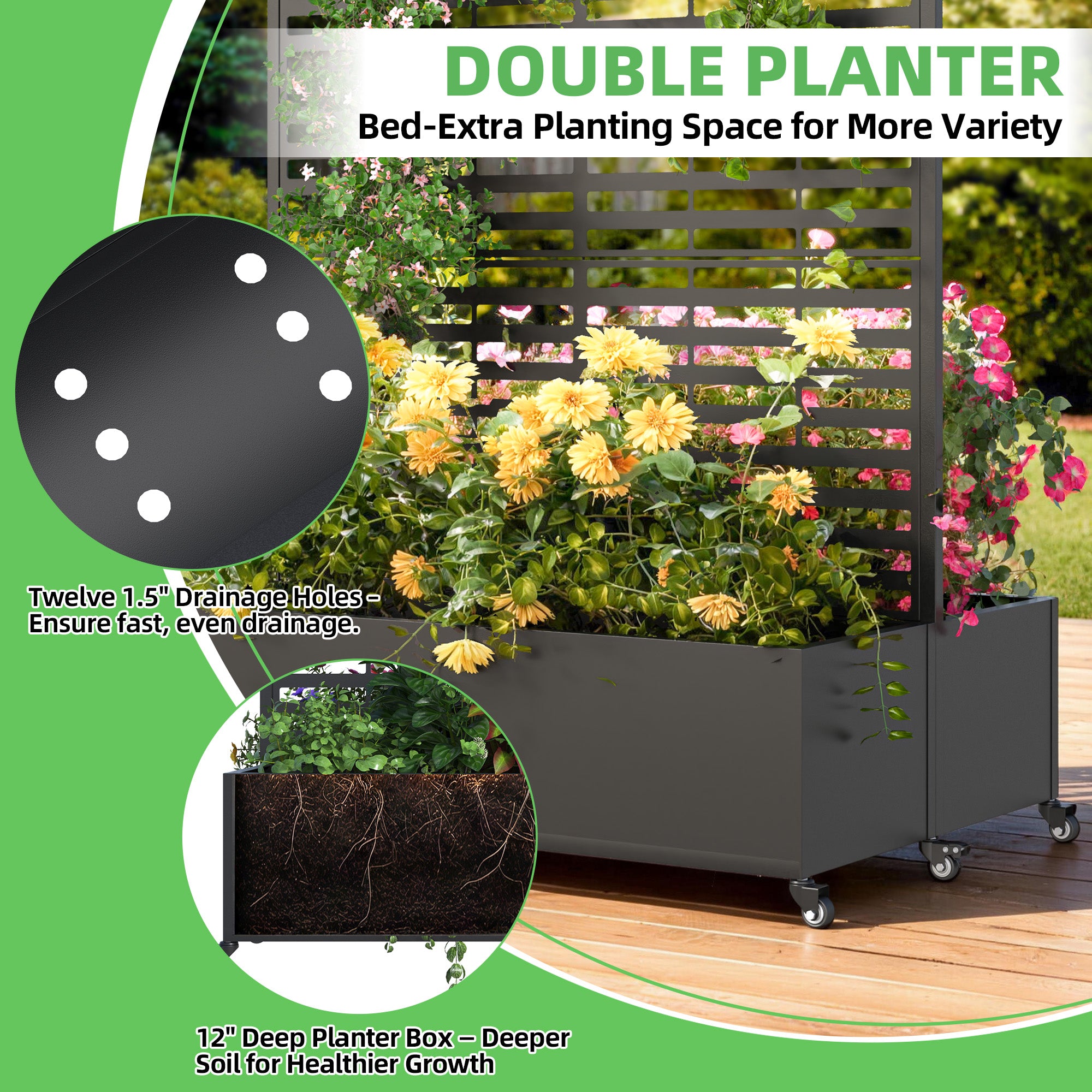 HOMREST Dual Metal Planter Box with Trellis, 73"x47"x31" Raised Garden Bed with Wheels and Drainage Holes, Planter with Trellis for Garden, Balcony & Patio, Black