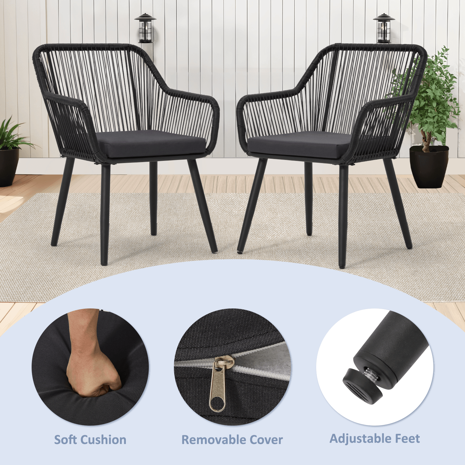 HOMREST Patio Wicker Dining Chairs Set of 2, Rattan Chairs w/ Cushions & Armrests, Black