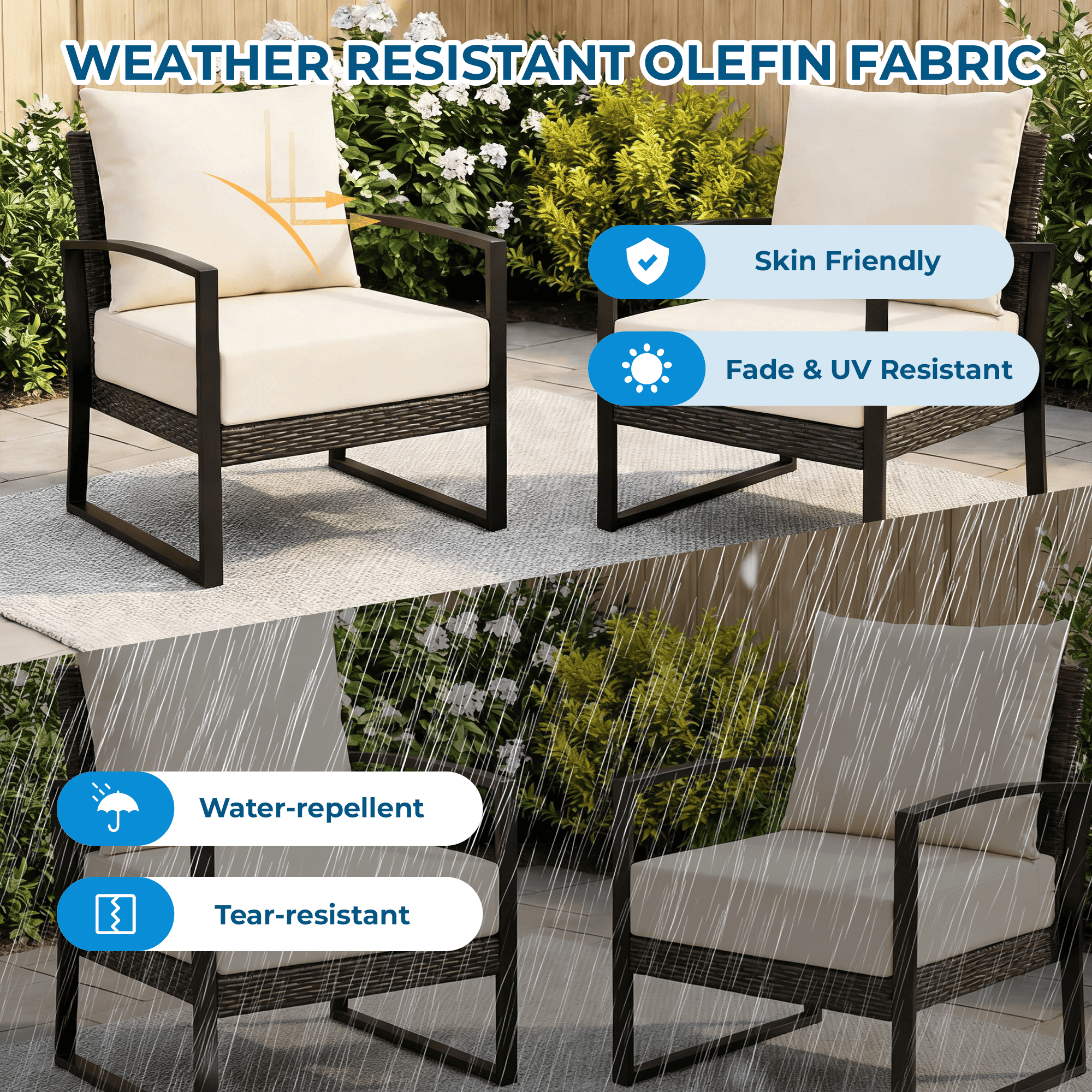 HOMREST Patio Furniture Cushions Set of 2 with Handle and Ties, Waterproof Fade-Resistant Outdoor Couch Cushions, Chair Pads for Dining Chairs, Beige