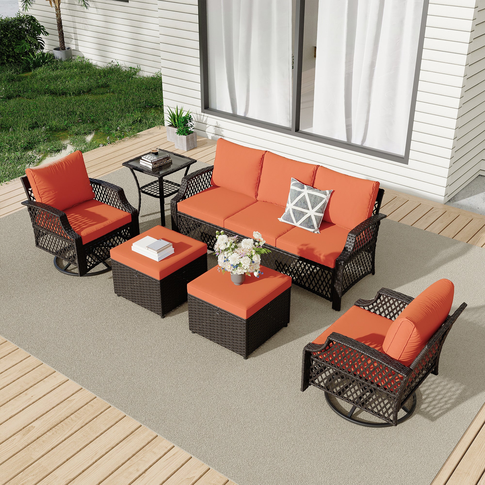 HOMREST 6 Piece Patio Furniture Set, Rattan Outdoor Sectional for Deck Backyard Porch (Orange)