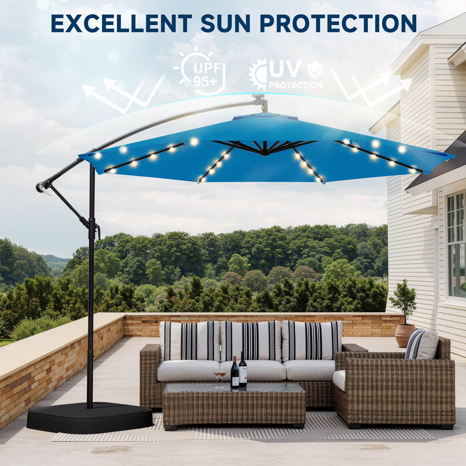 Homrest 10ft Solar Lighted Patio Umbrella with Base, Outdoor Cantilever Umbrella, Infinite Tilt, Rolay Blue