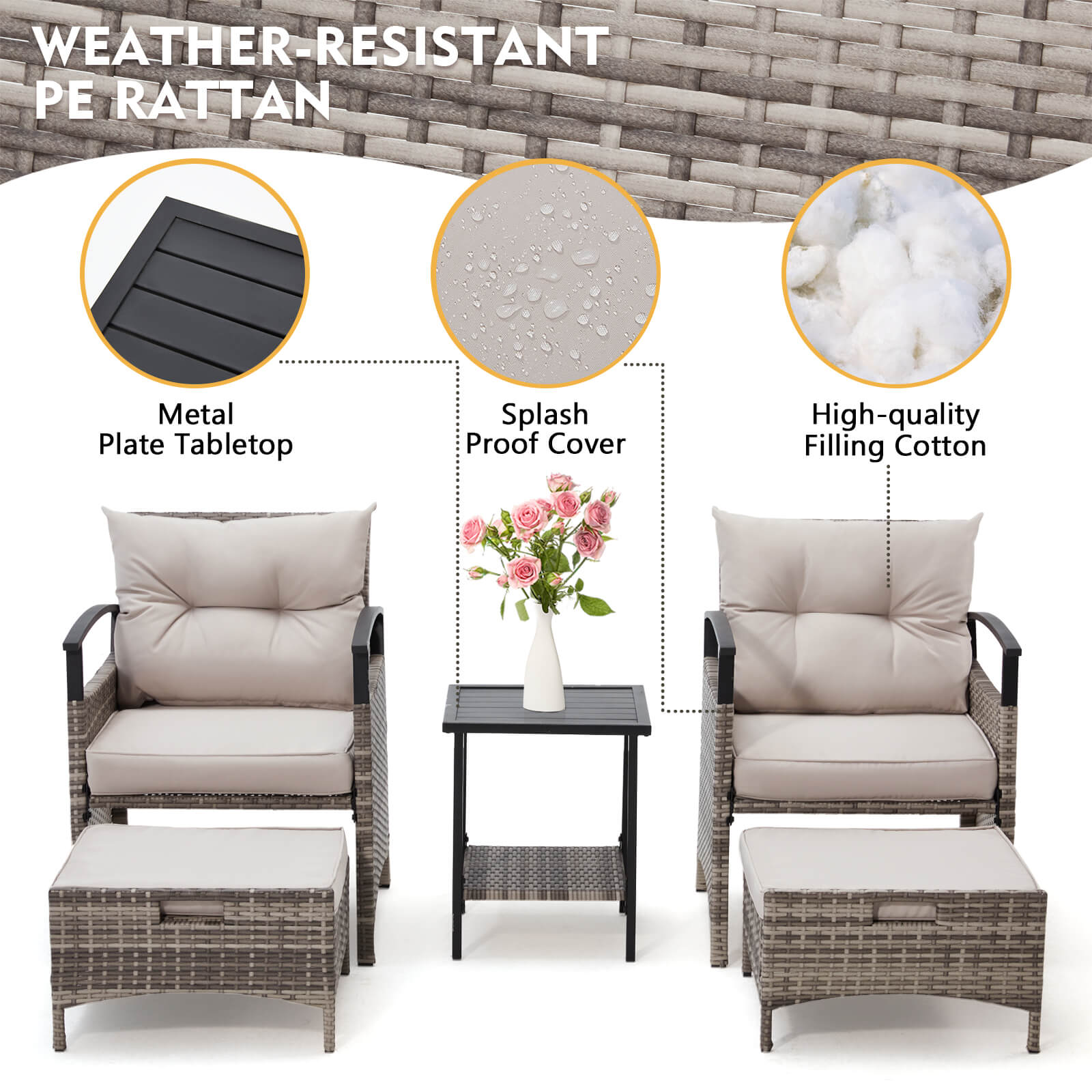 HOMREST 5 Pieces Patio Furniture Set, Outdoor Rattan Chairs with Metal Coffee Table, Ottomans & Soft Cushions, Wicker Conversation Bistro Set, Gray