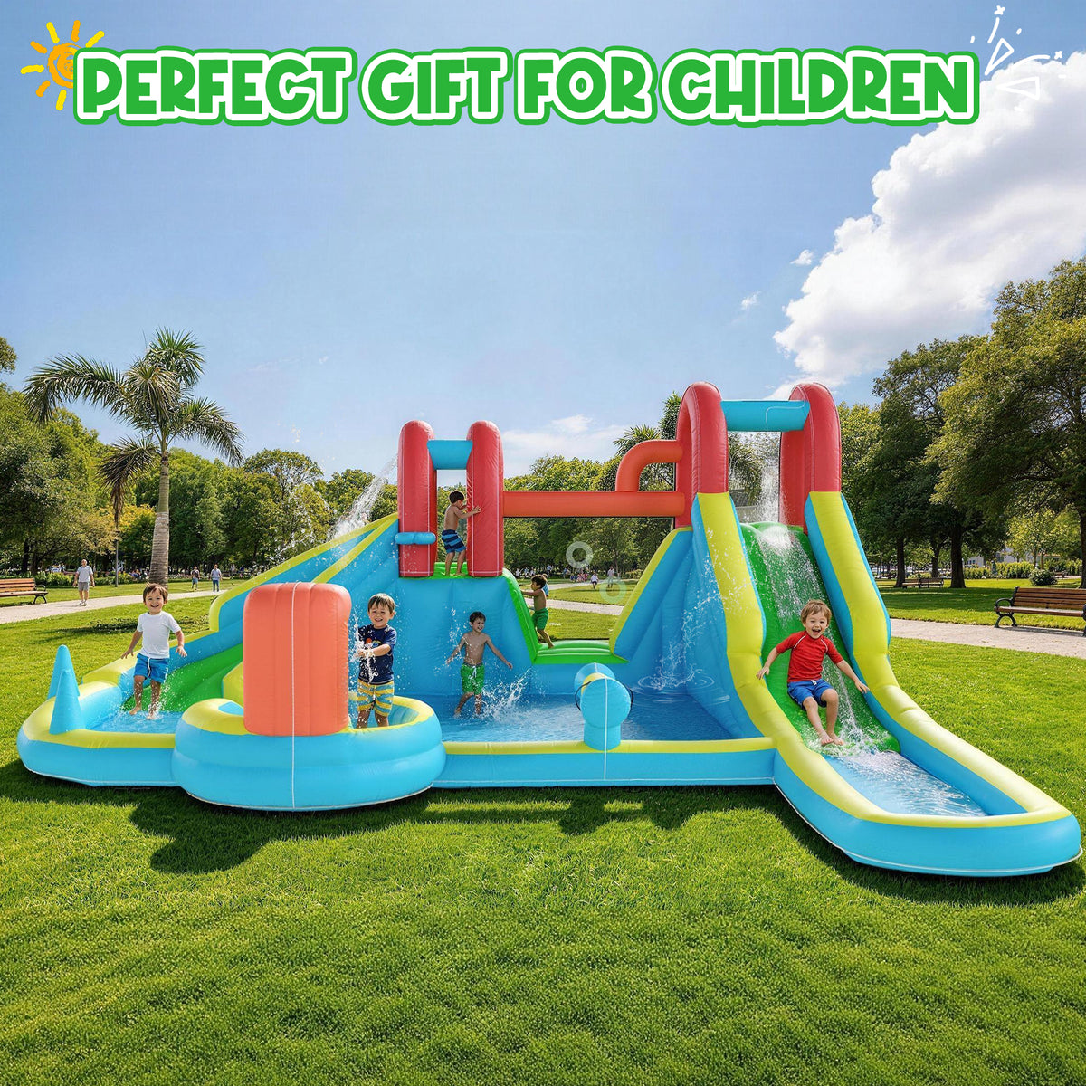 Homrest Inflatable Water Slide,10 in 1 Double Water Slide Bounce House for Kids 3-12 with Blower, Splash Pool, Water Cannon, Climbing Wall, Basketball Hoop for Kids Indoor Outdoor Backyard