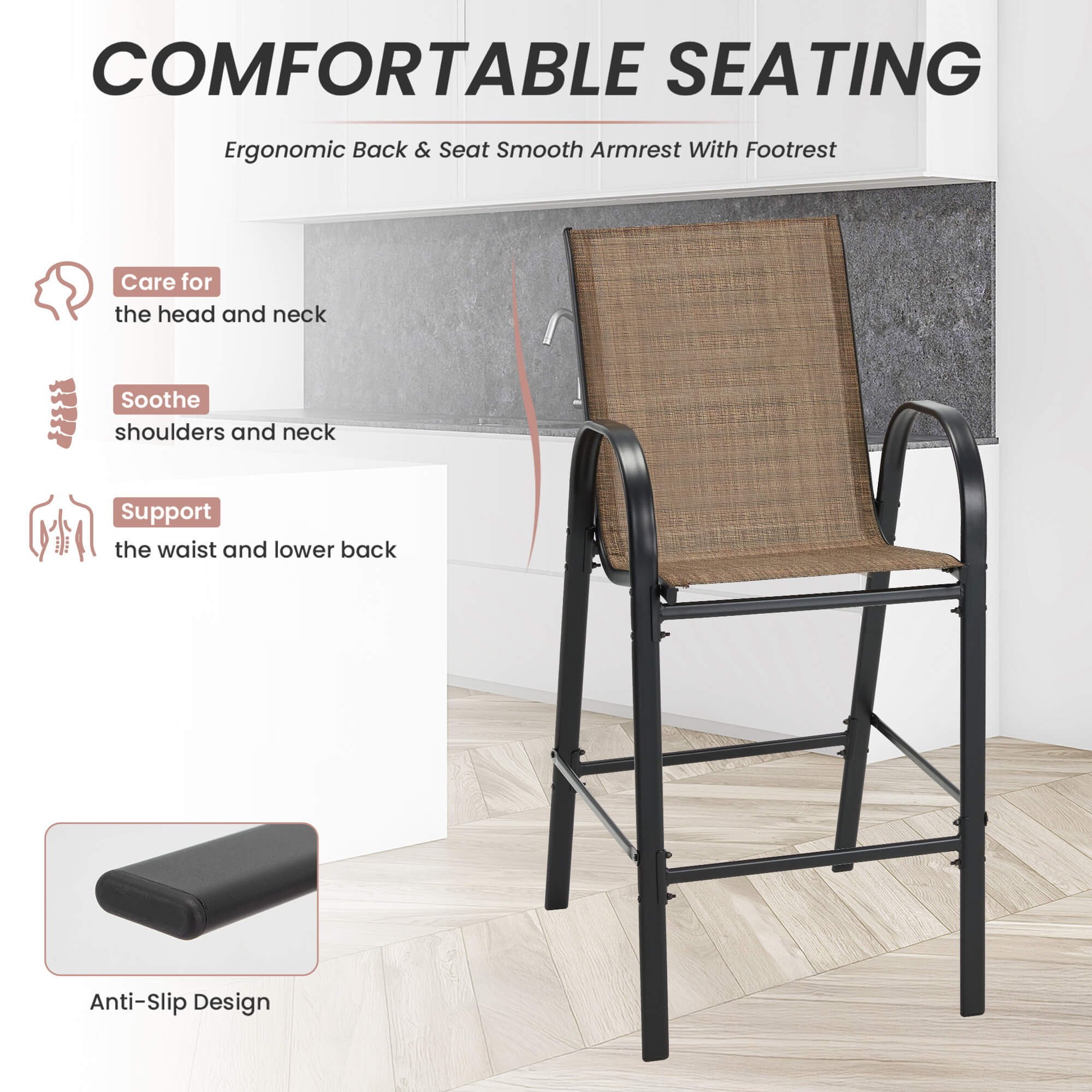 HOMREST Outdoor Bar Height Stools Set of 4, High Back Patio Chairs with Armrests,Textilene Chairs with Breathable Fabric & Metal Frame, Brown