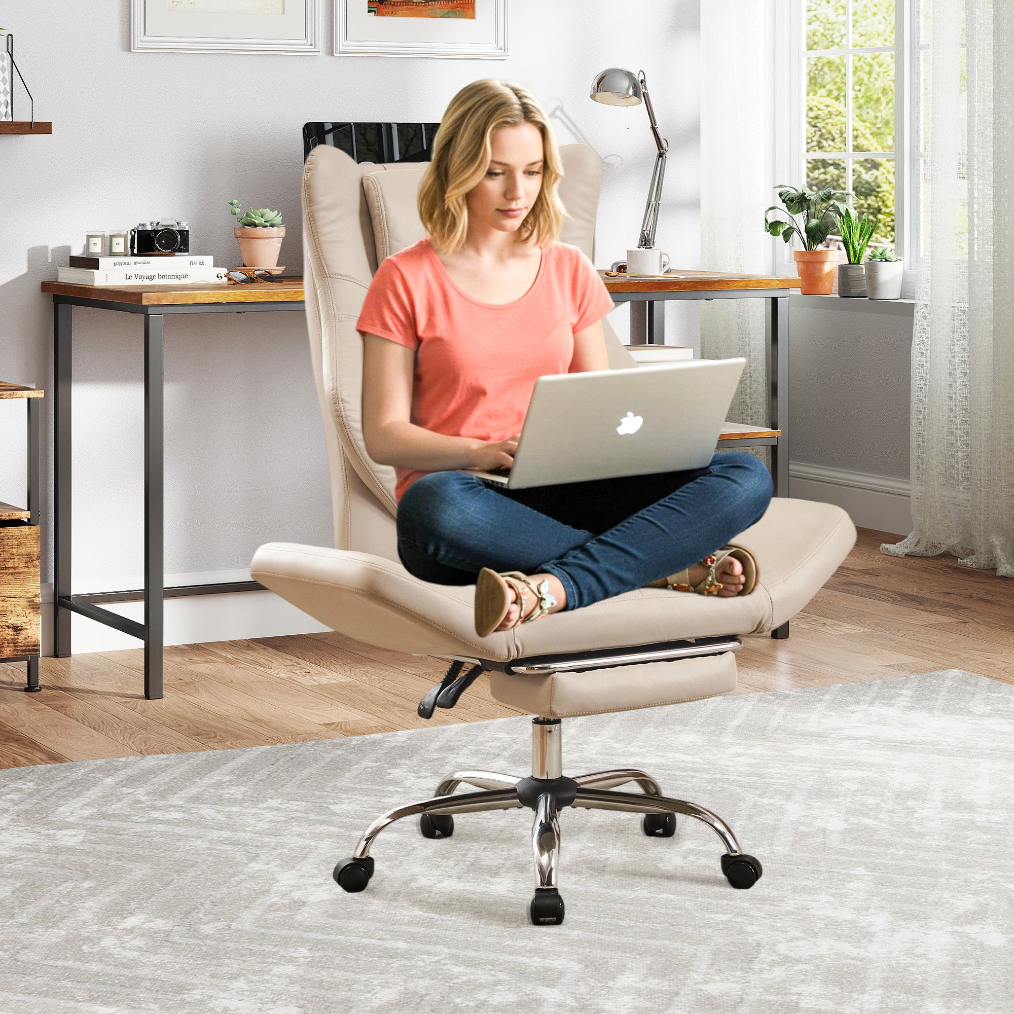 HOMREST Ergonomic Home Office Chair with Flip-Up Armrests, 135° Reclining Computer Desk Chair, Nappa PU Leather, Beige