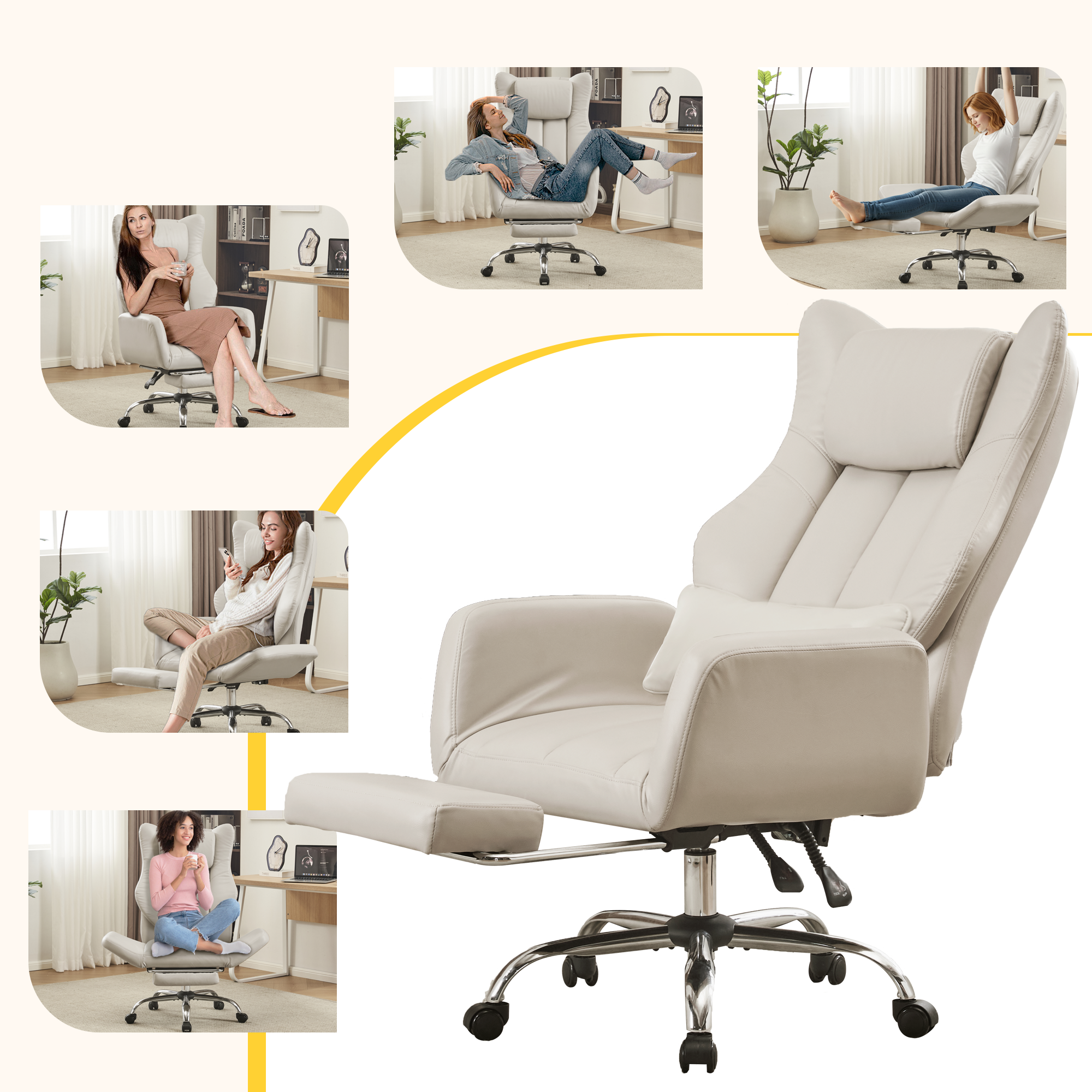 HOMREST Ergonomic Cross Legged Office Chair with Footrest,Big and Tall Leather Executive Chair with Reversible Armrest,Lumbar Pillow and Wheels,155° Reclining Computer Wide Desk Chair for Home,Office (Beige)