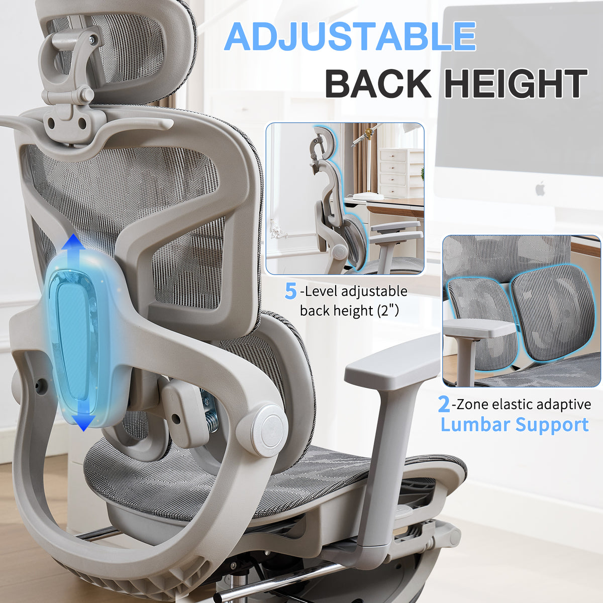 HOMREST Mesh Ergonomic Office Chair with 2-Zone Lumbar Support and Footrest,Grey
