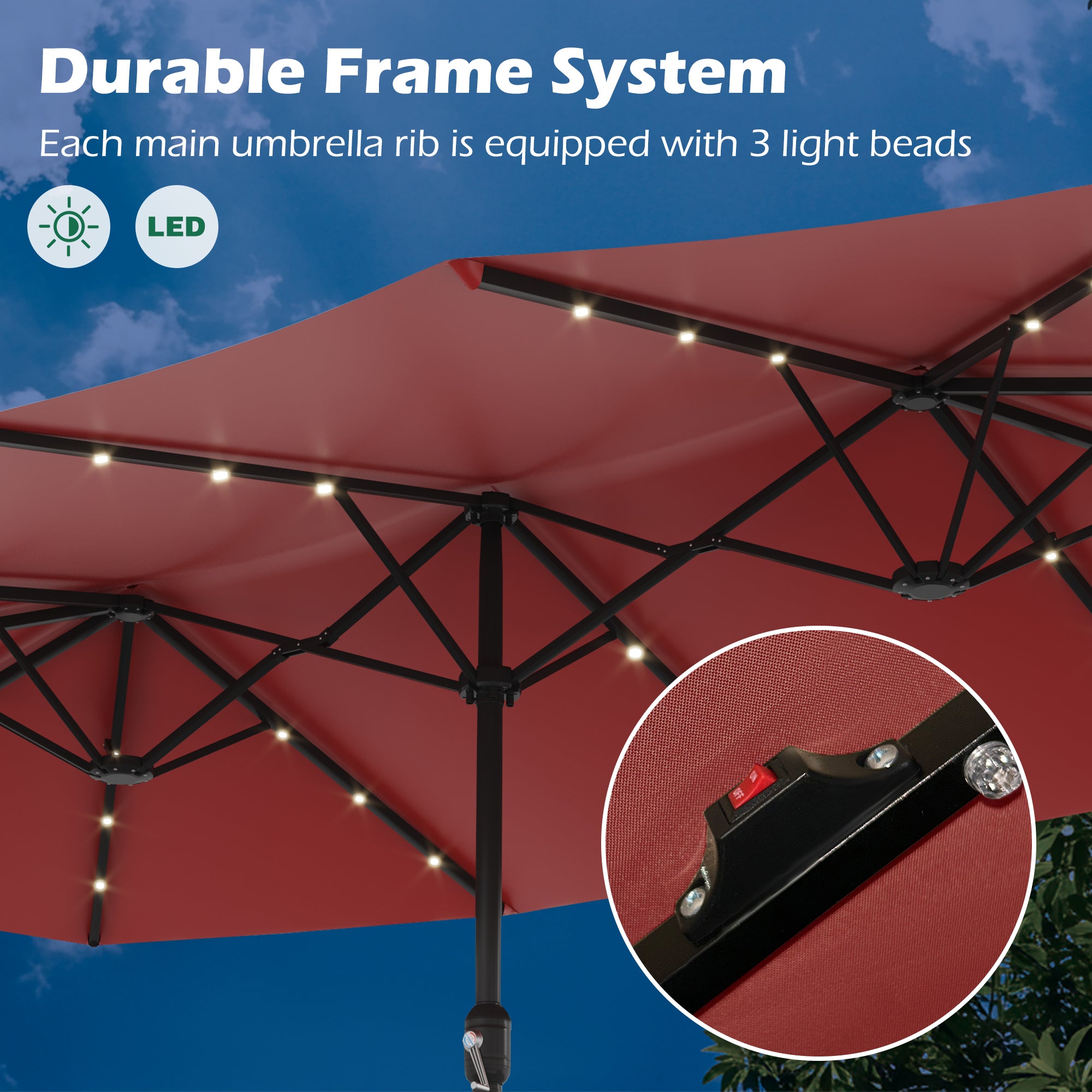 HOMREST 15ft Large Double-Sided Patio Umbrella with Solar LED Lights, Outdoor Crank System, and Base – Perfect for Garden, Deck, Poolside, Red