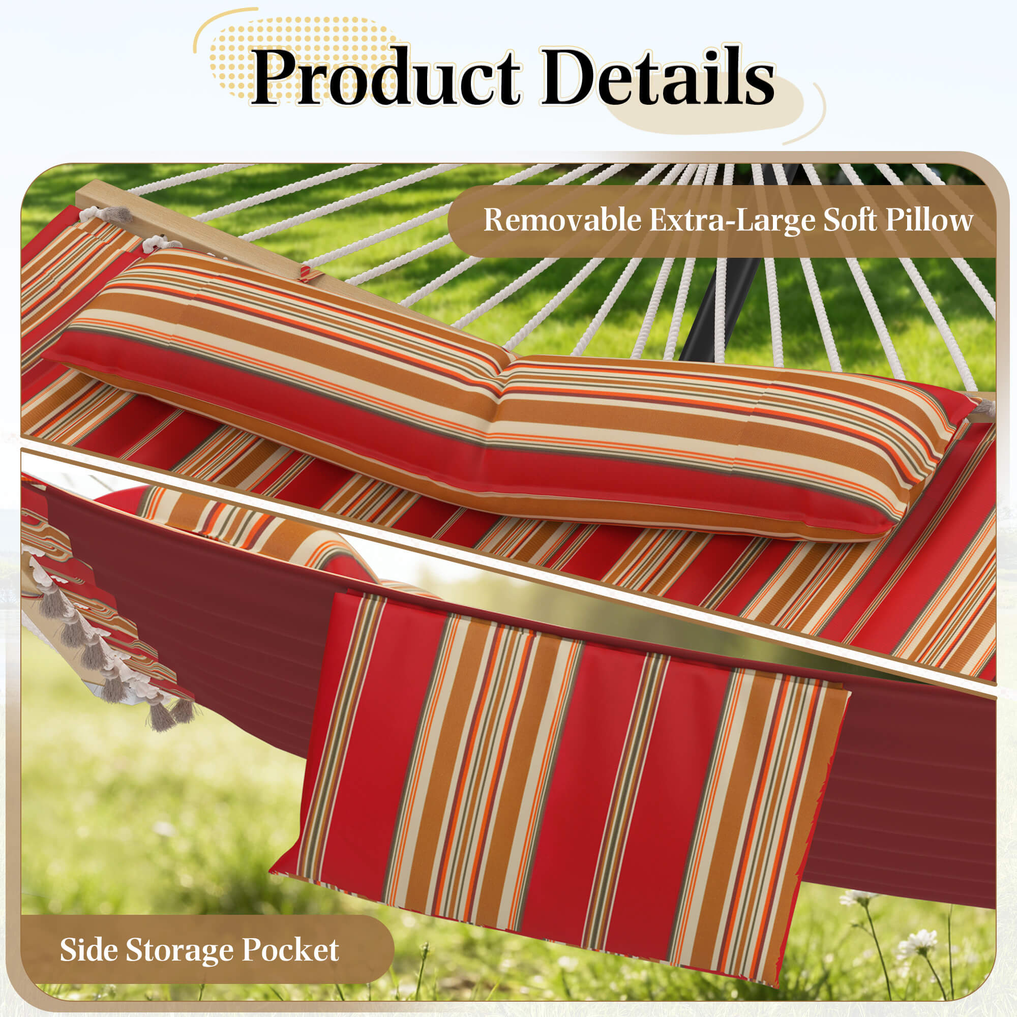 HOMREST Modern Rope Hammock with Stand, Portable Outdoor Hammock for Backyard, Beach & Camping, Red Stripes