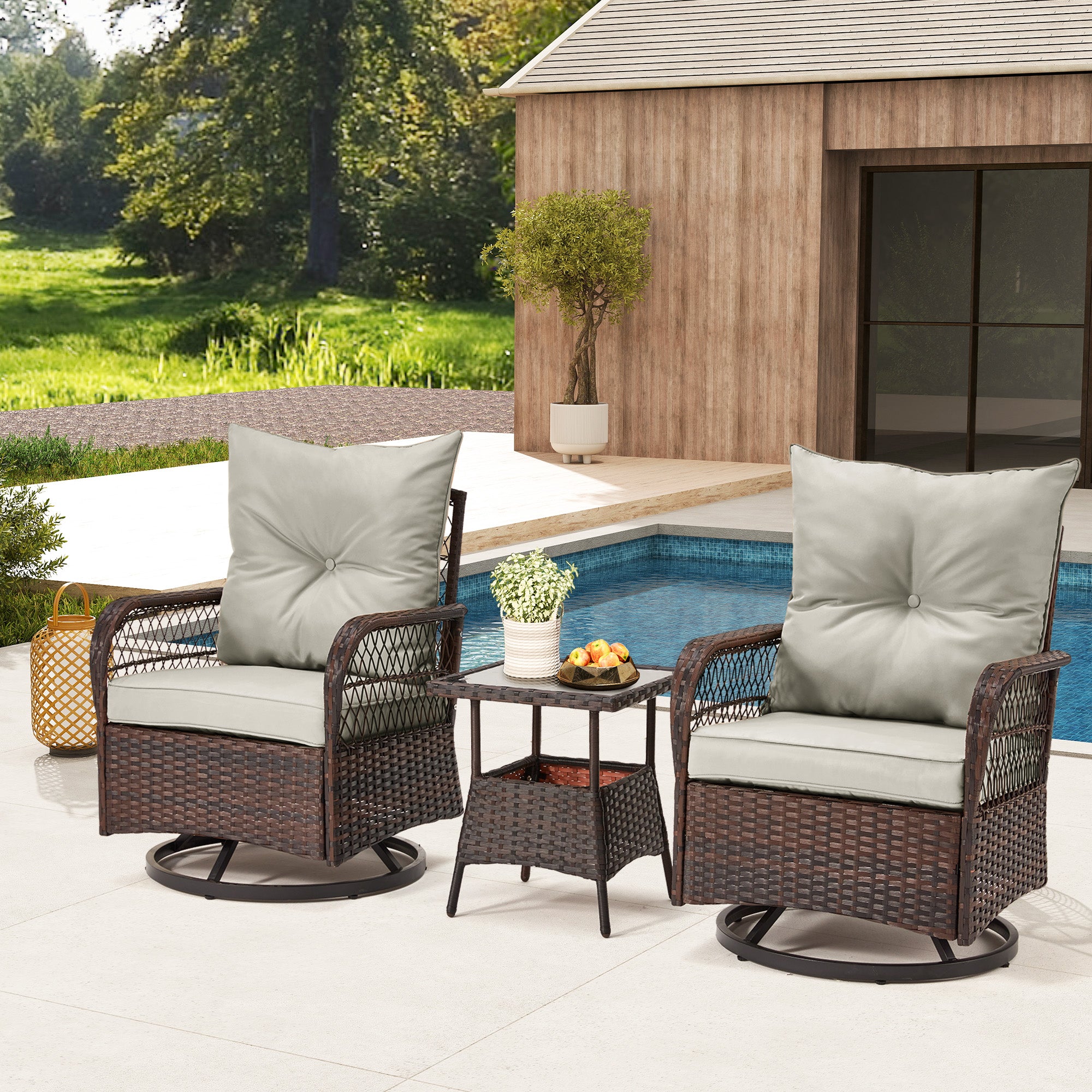 HOMREST 3-Piece Patio Swivel Rocker Set with Rattan Coffee Table for Lawn, Garden, Porch