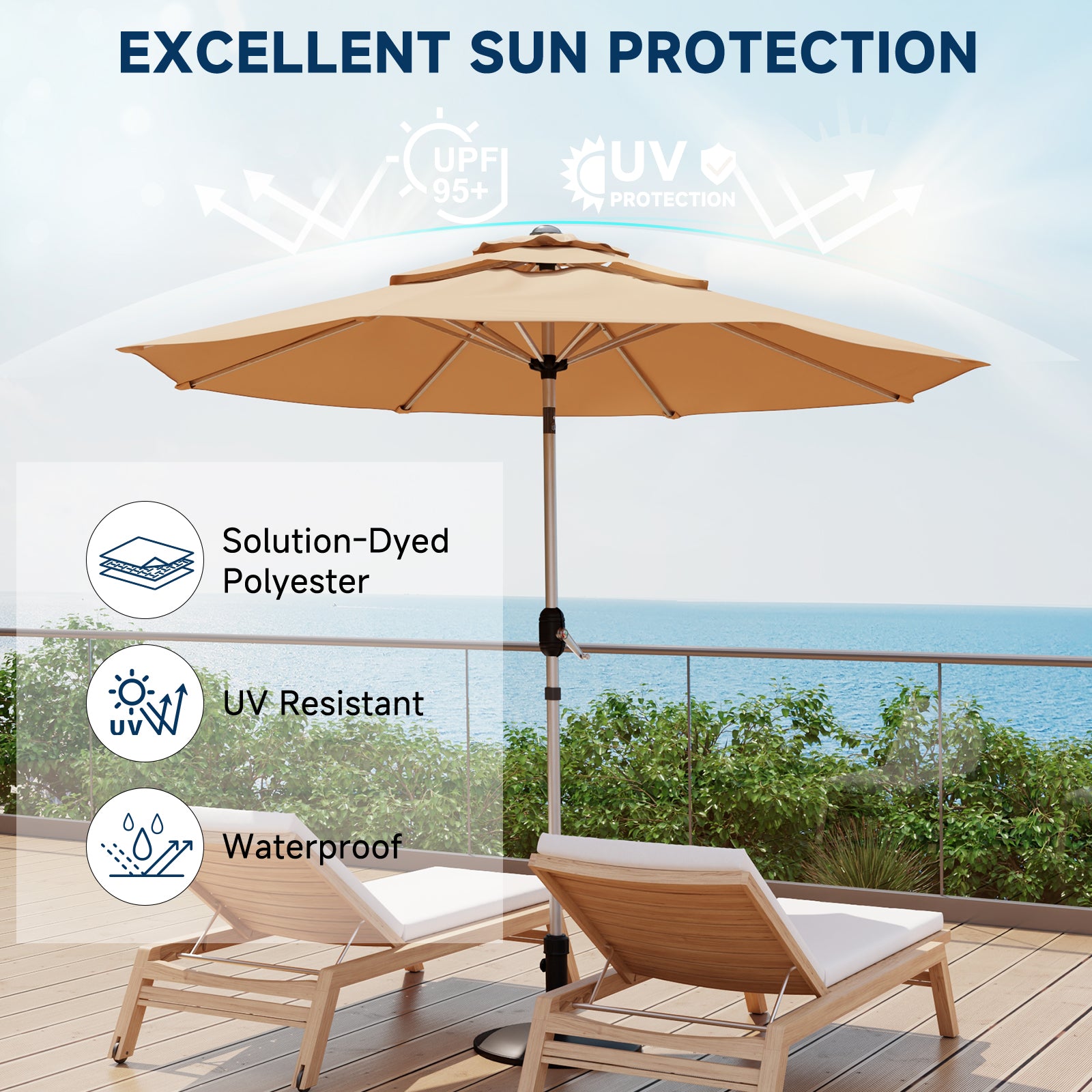 Homrest 9FT 3-Tier Aluminum Patio Umbrella, Fade-Resistant with Push Tilt, 8 Sturdy Aluminum Ribs,Beige