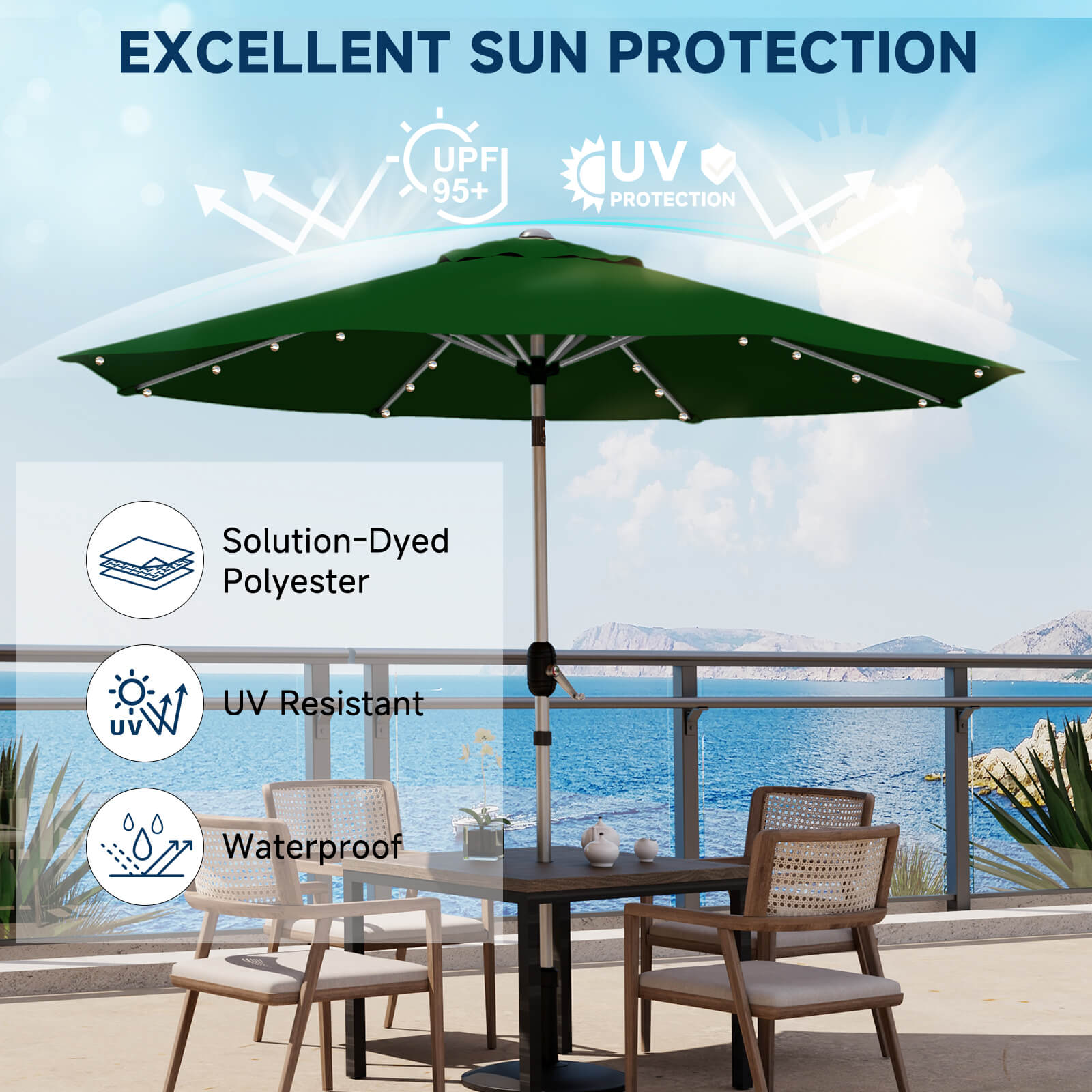 Homrest 9FT Solar Patio Umbrella with Tilt, 8 Aluminum Ribs for Gardens, Green