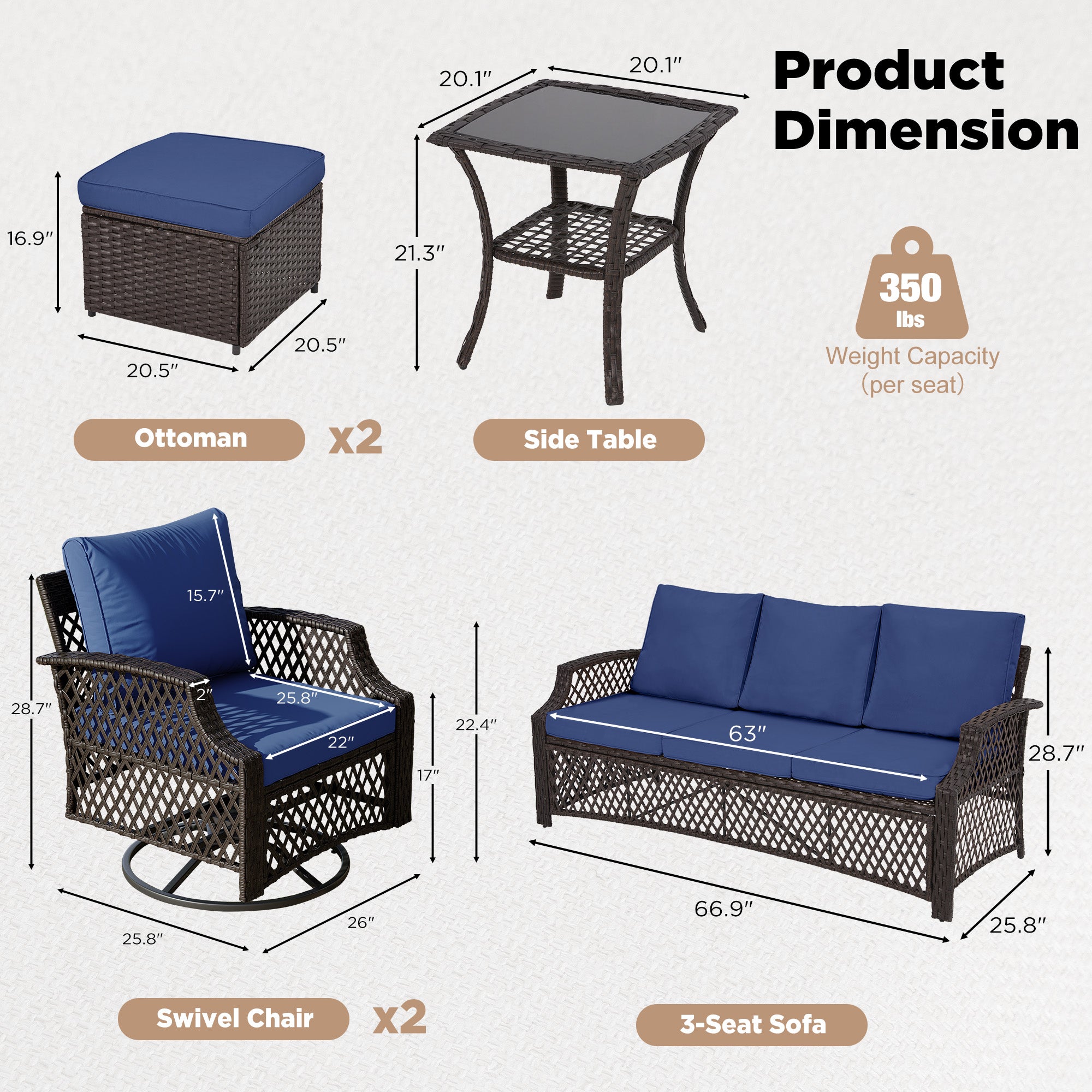 HOMREST 6 Piece Patio Furniture Set, Rattan Outdoor Sectional for Deck Backyard Porch (Navy Blue)