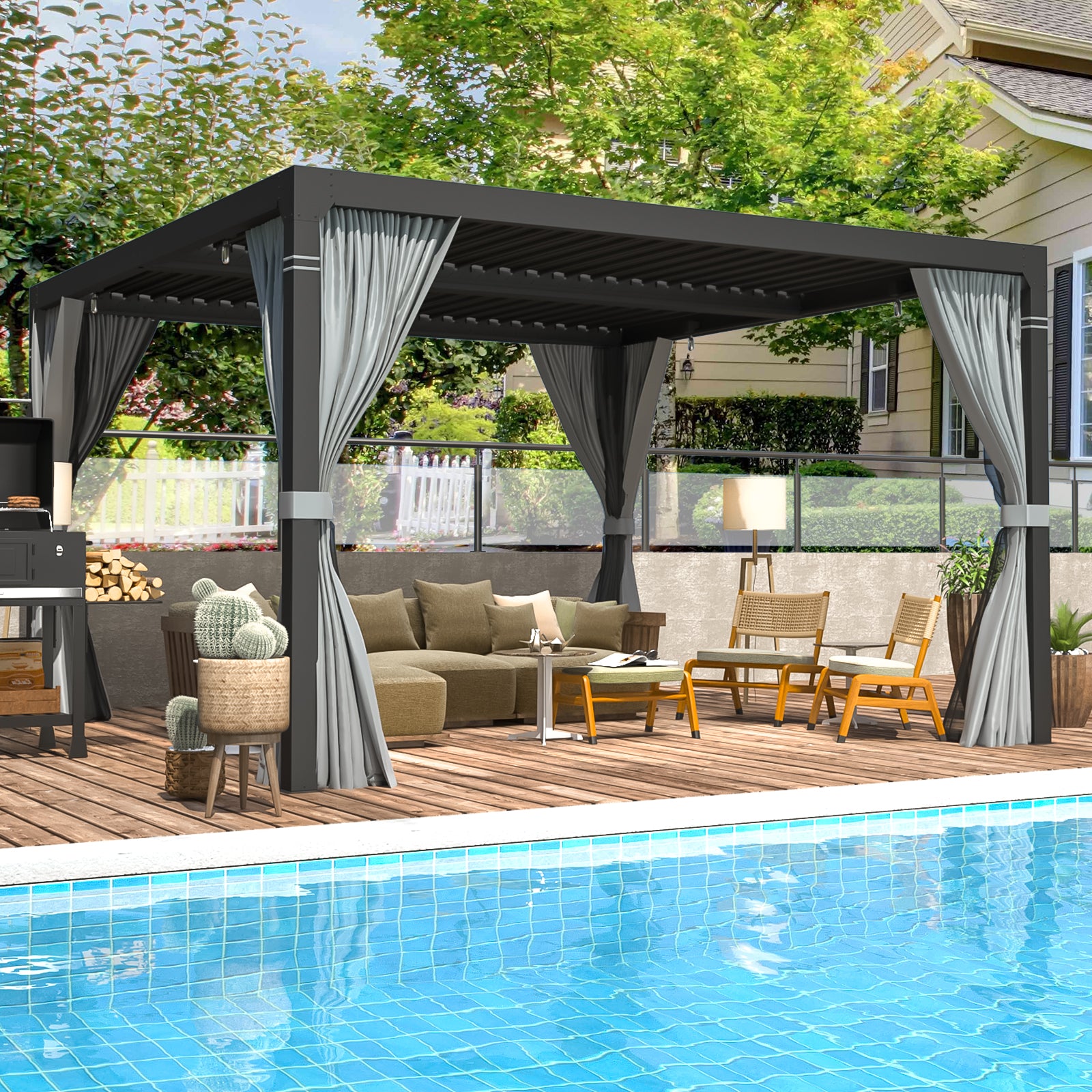 HOMREST Louvered Pergola 10x10 Outdoor Hard Top Pergola with Aluminum Frame, Gray-Black